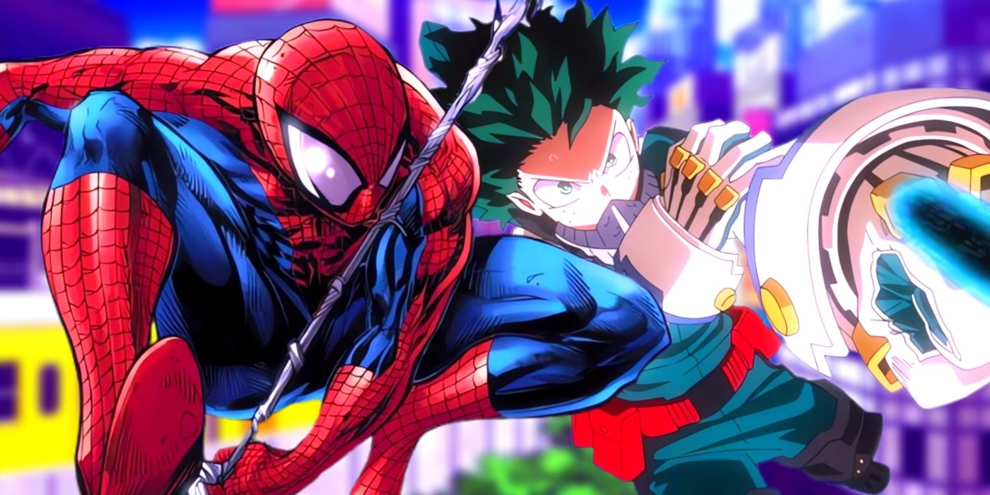 Deku e Homem-Aranha balançando lado a lado na cidade de Hosu. 