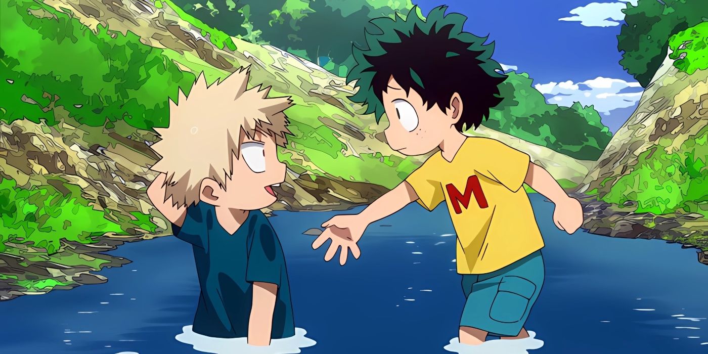 Deku tries to help Bakugo after the latter falls into a river. 