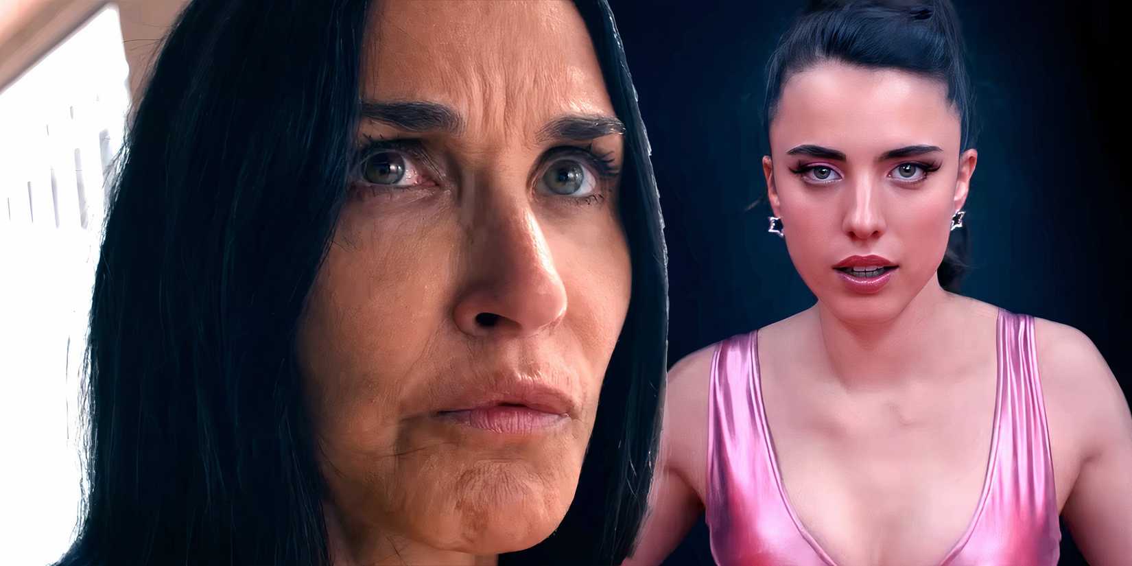 Demi Moore's Elisabeth looking uncertain and Margaret Qualley's Sue looking upset in The Substance