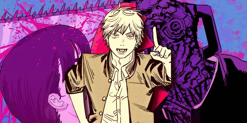 Denji holding up a finger while posing in front of promotional art for Chainsaw Man Part Two.