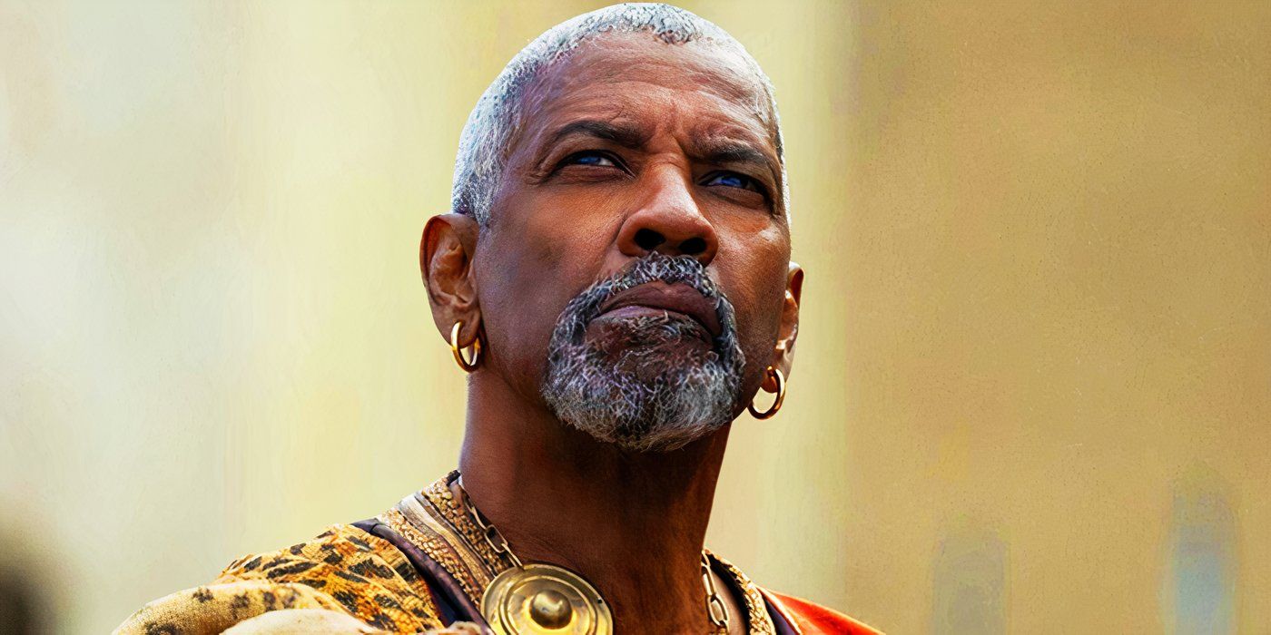 Denzelis Washingtonas kaip Macrinus filme „Gladiatorius II“.