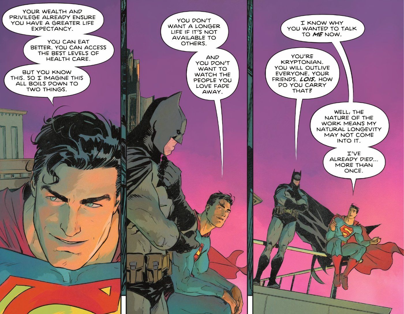 Comic book panels: Batman confides in Superman about his prospective immortality and asks how he deals with outliving loved ones