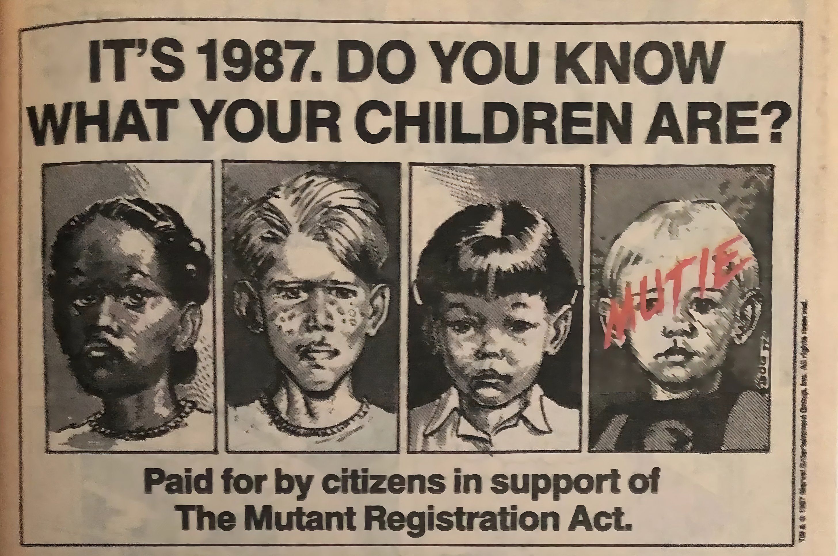 Anúncio da "Lei de Registro de Mutantes" dos X-Men dos anos 1980.