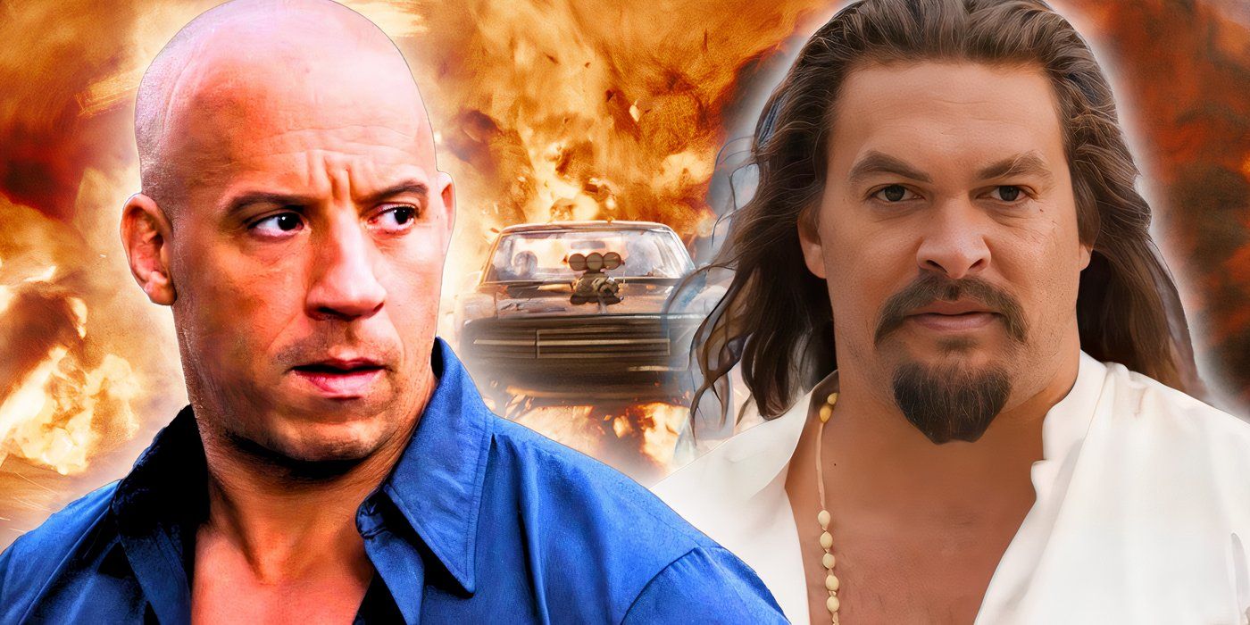 An edited image of Dom and Dante in Fast X with an explosion in the background.