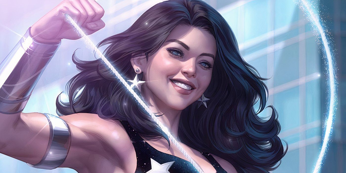 Arte em quadrinhos: Donna Troy, como Garota Maravilha, segurando seu Laço da Persuasão