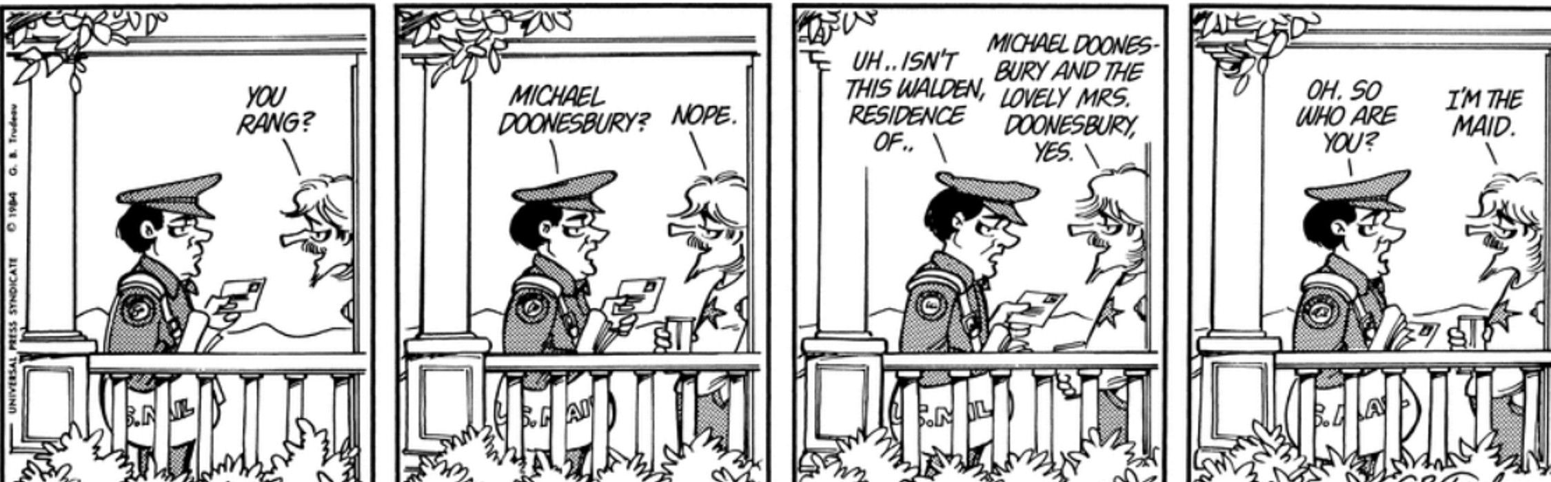 Zonker ouvre la porte à Mike Doonesbury lorsque le facteur vient lui rendre visite.