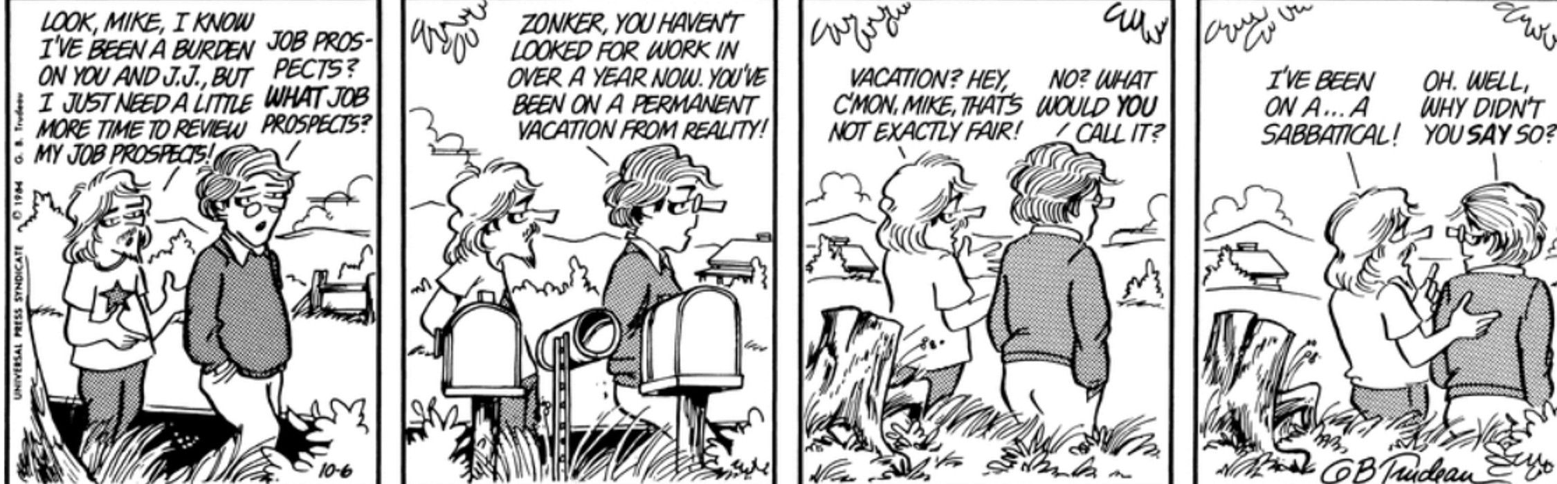 Zonker et Mike Doonesbury discutent des perspectives de Zonker.