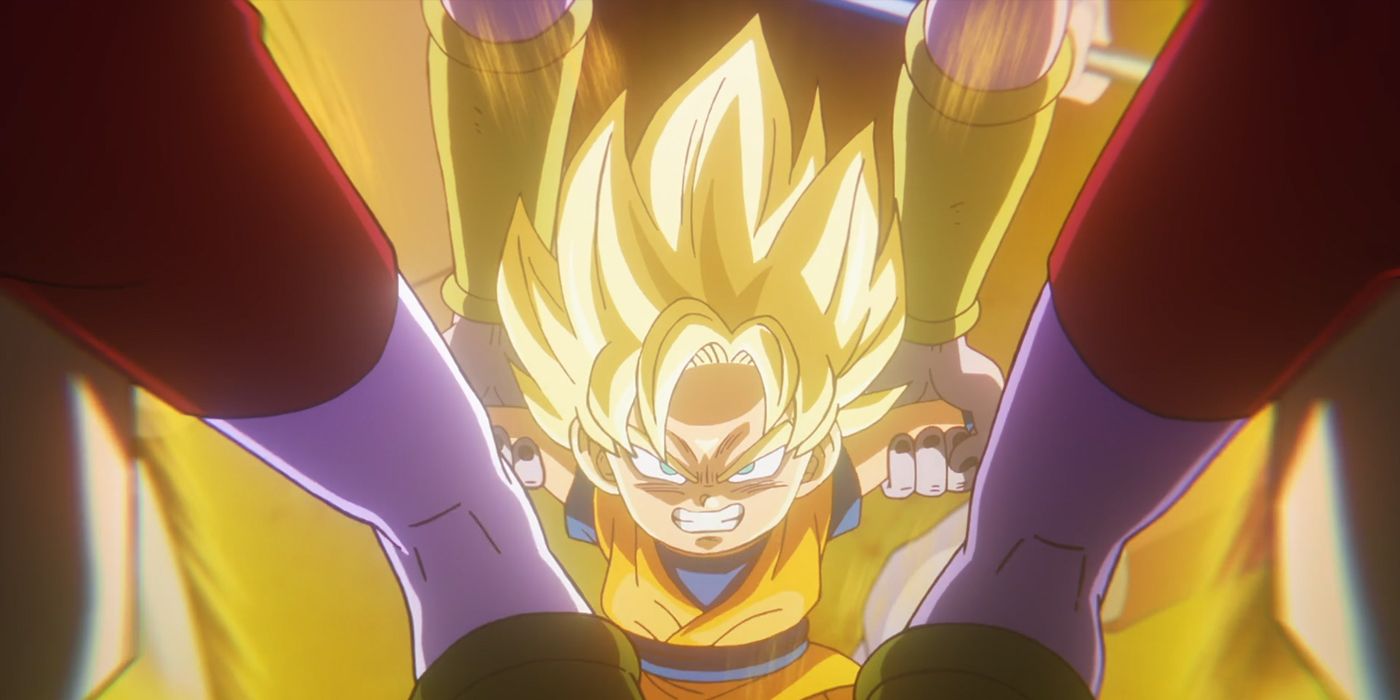 Goku se vuelve brevemente Super Saiyan mientras está en su forma mini.