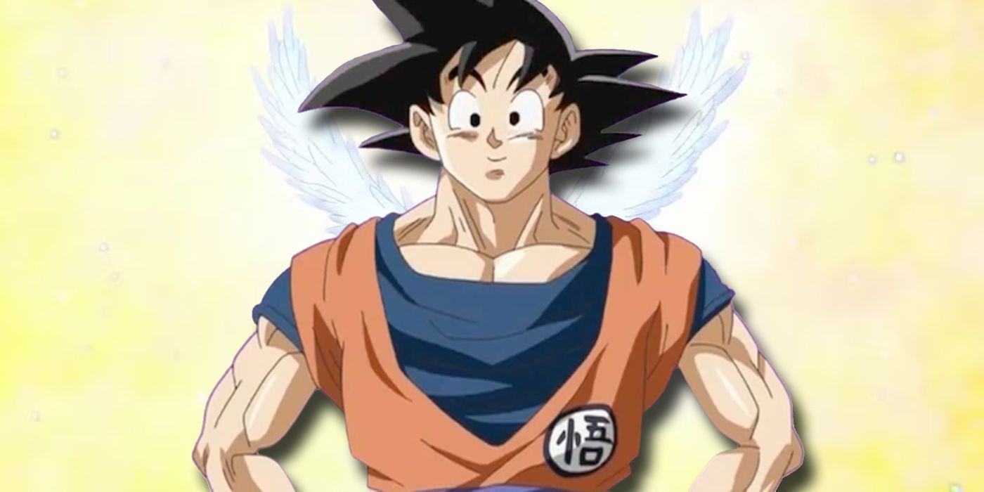 Goku standing in front of the bird of feathers, giving him the appearance of wings.