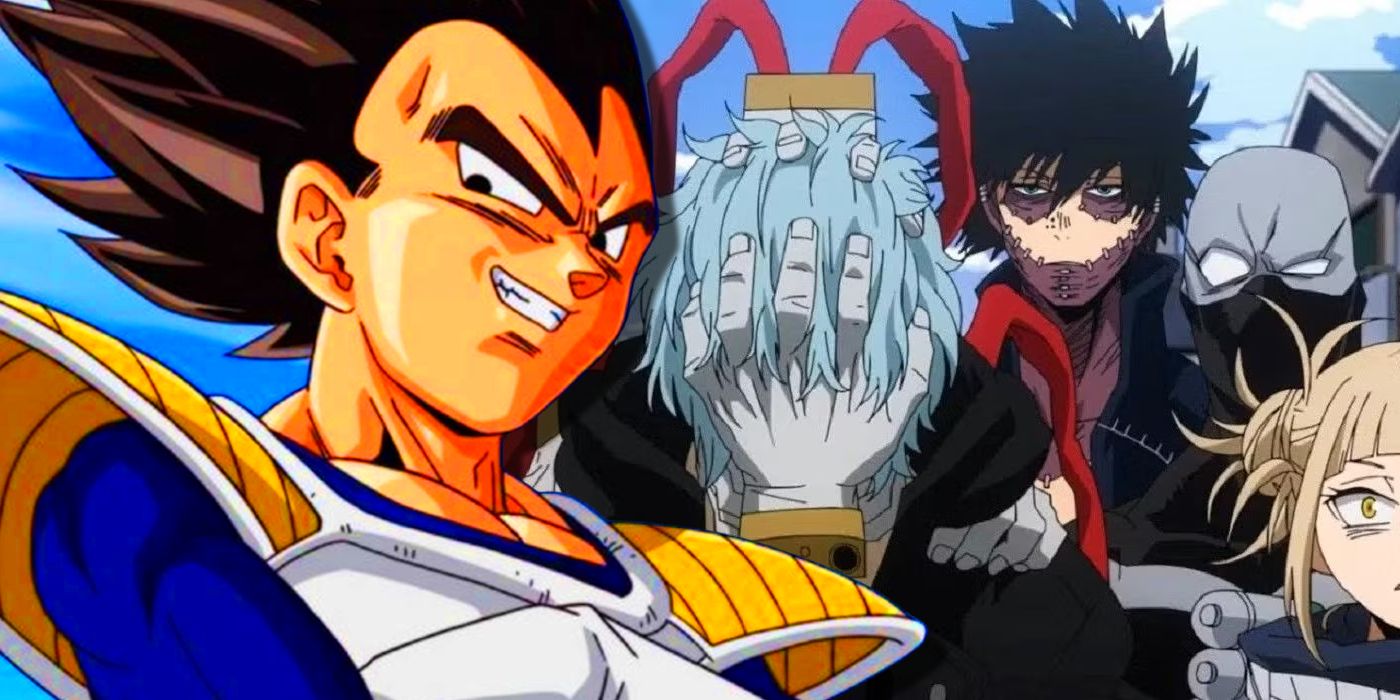 Dragon Ball&rsquo;s Vegeta smiling in front of My Hero Academia&rsquo;s Villains