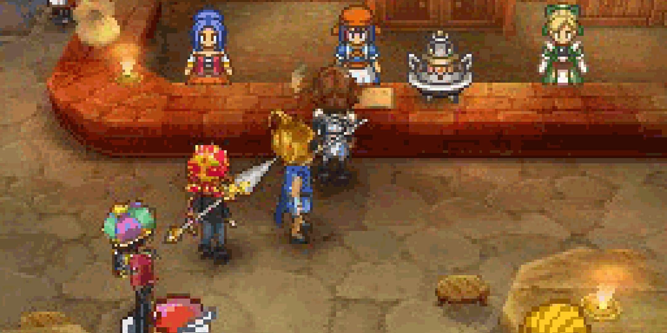 Uma festa na pousada de Dragon Quest 9 ao lado do pote de alquimia.