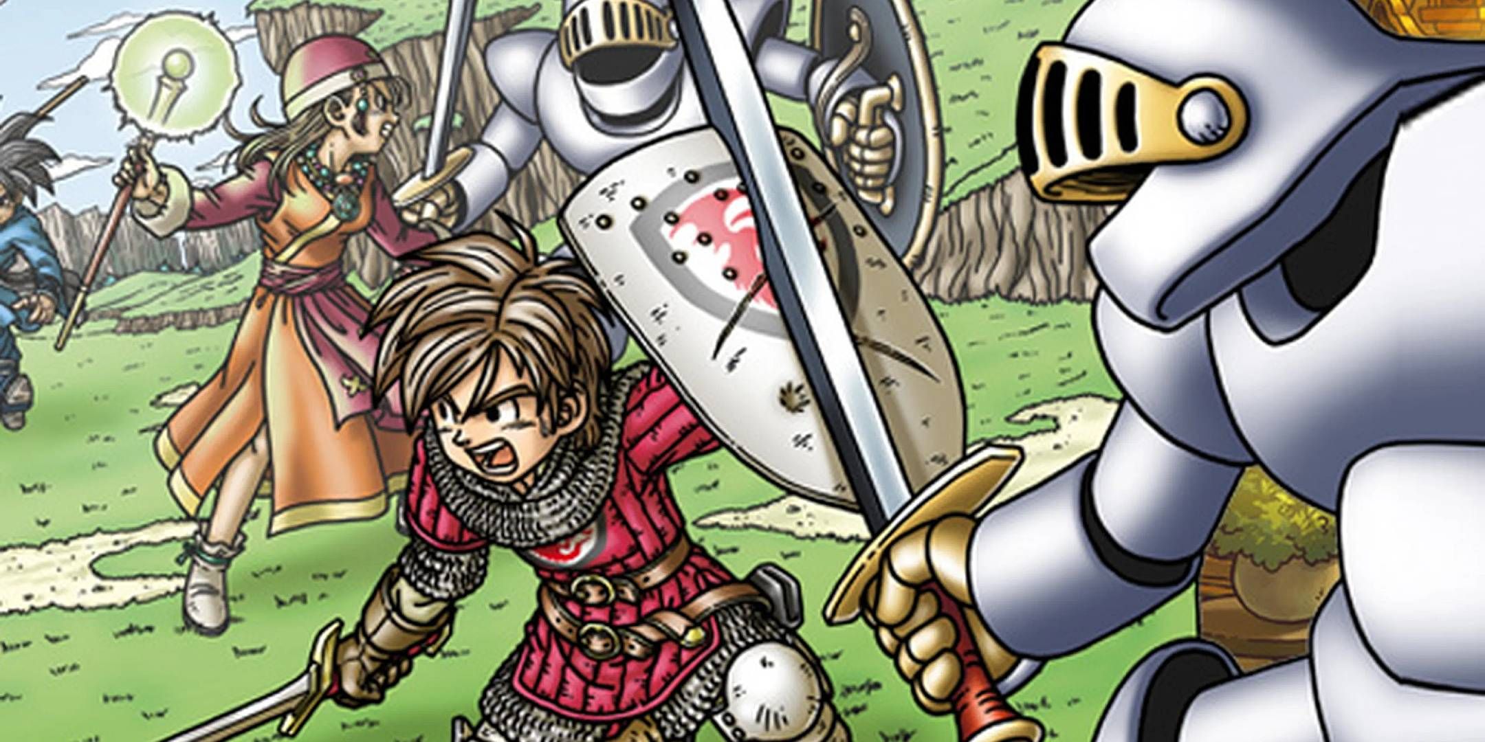 Arte principal de Dragon Quest 9 apresentando o herói bloqueando um ataque de um cavaleiro com seu escudo.