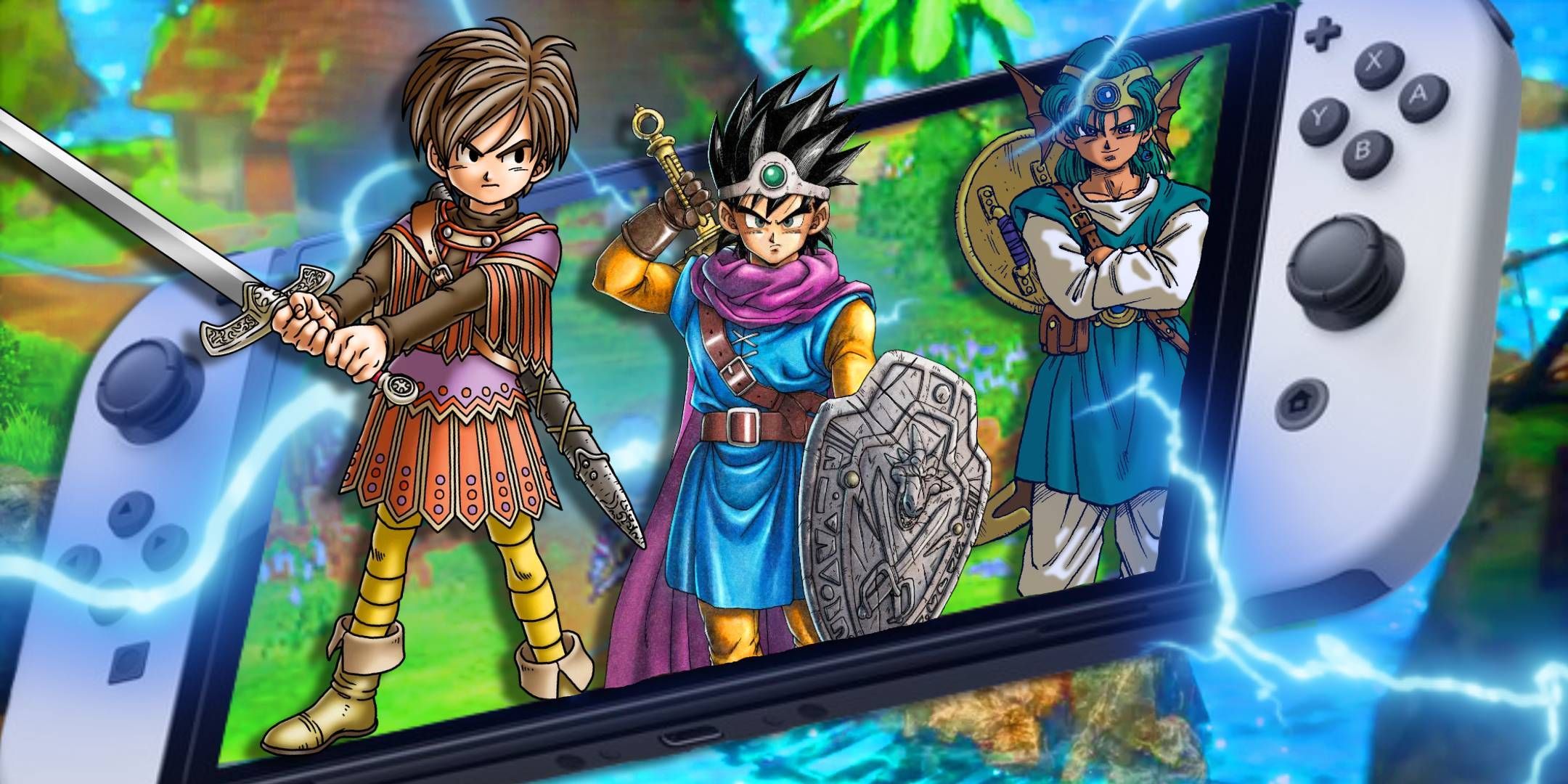 The hero from Dragon Quest 9, 3, and 4 coming out of a Nintendo Switch.