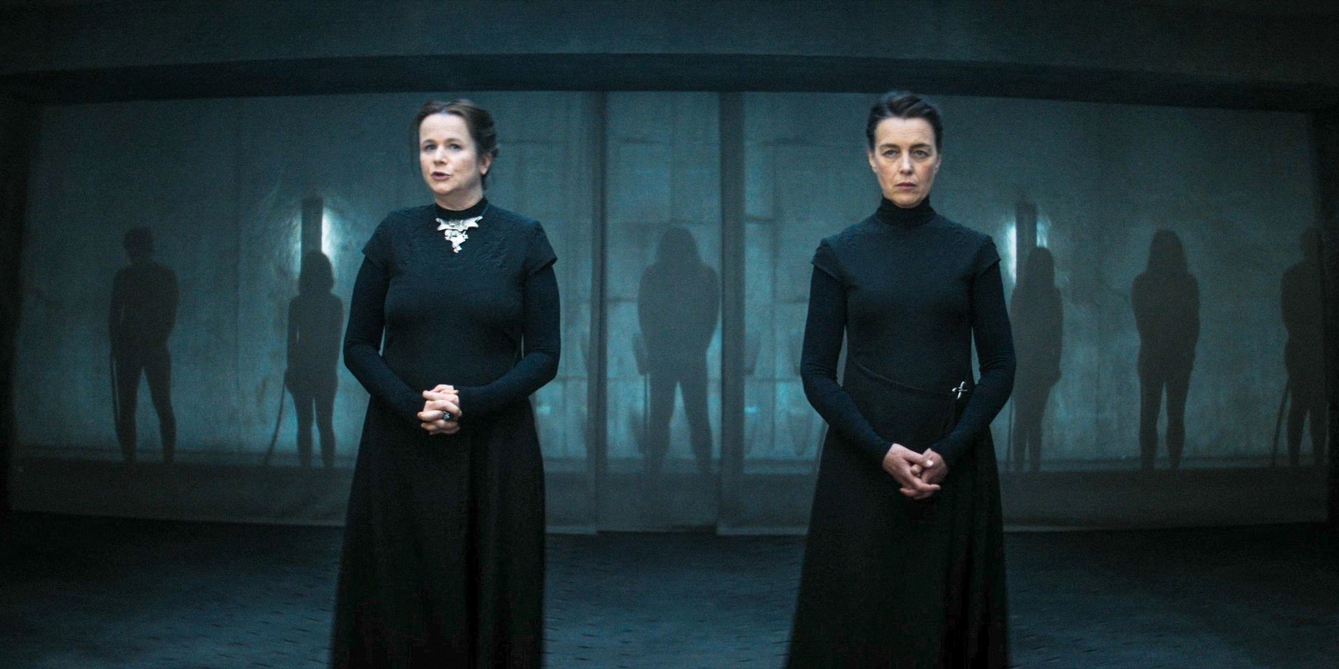 Valya Harkonnen (Emily Watson) and Tula Harkonnen (Olivia Williams) leaders of the sisterhood in Dune: Prophecy Season 1 Ep 1