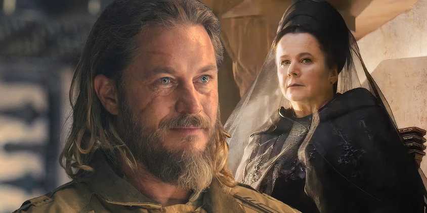 A composite image of Desmond Hart looking on in front of Valya Harkonnen in Dune Prophecy