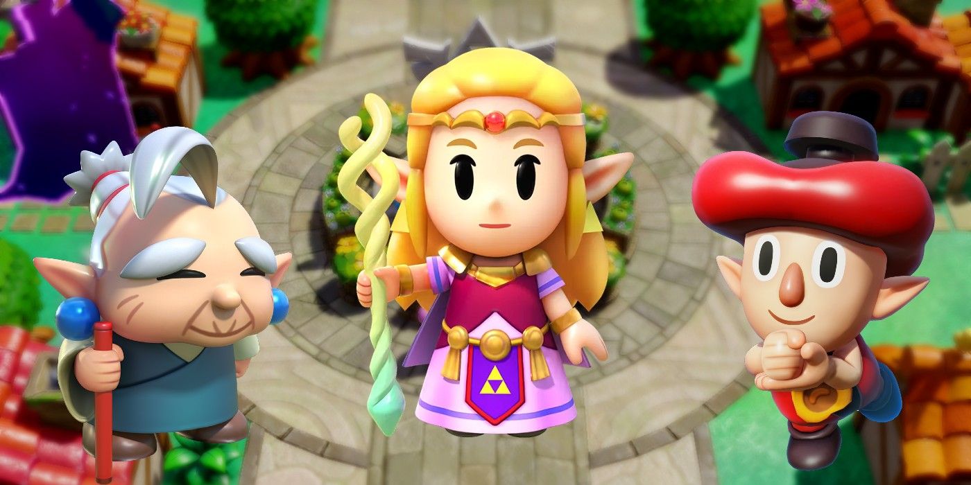 Princess Zelda from The Legend of Zelda: Echoes of Wisdom with Impa and Stamp Guy on either side.