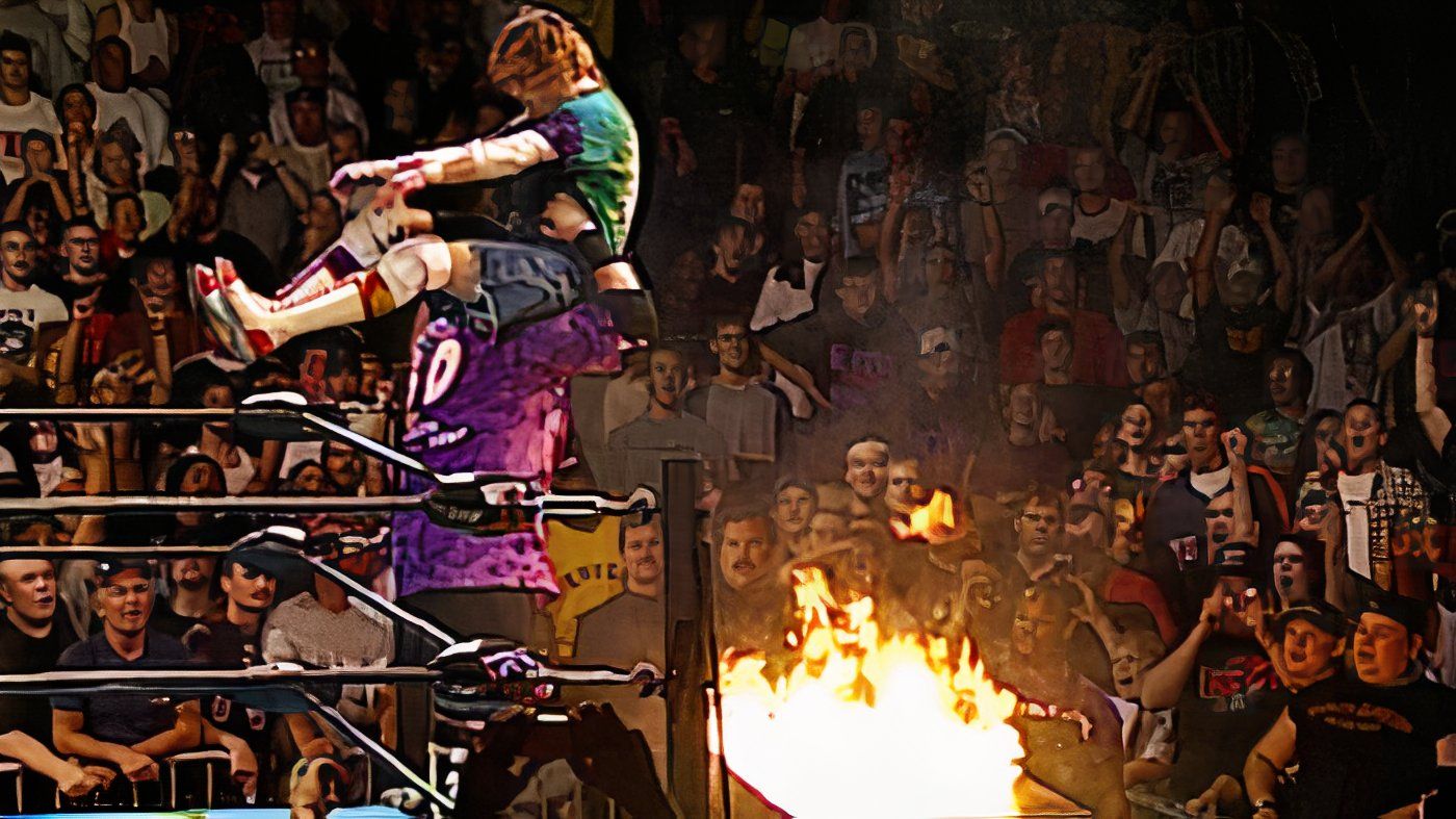 ECW Spike Dudley powerbomb flaming table