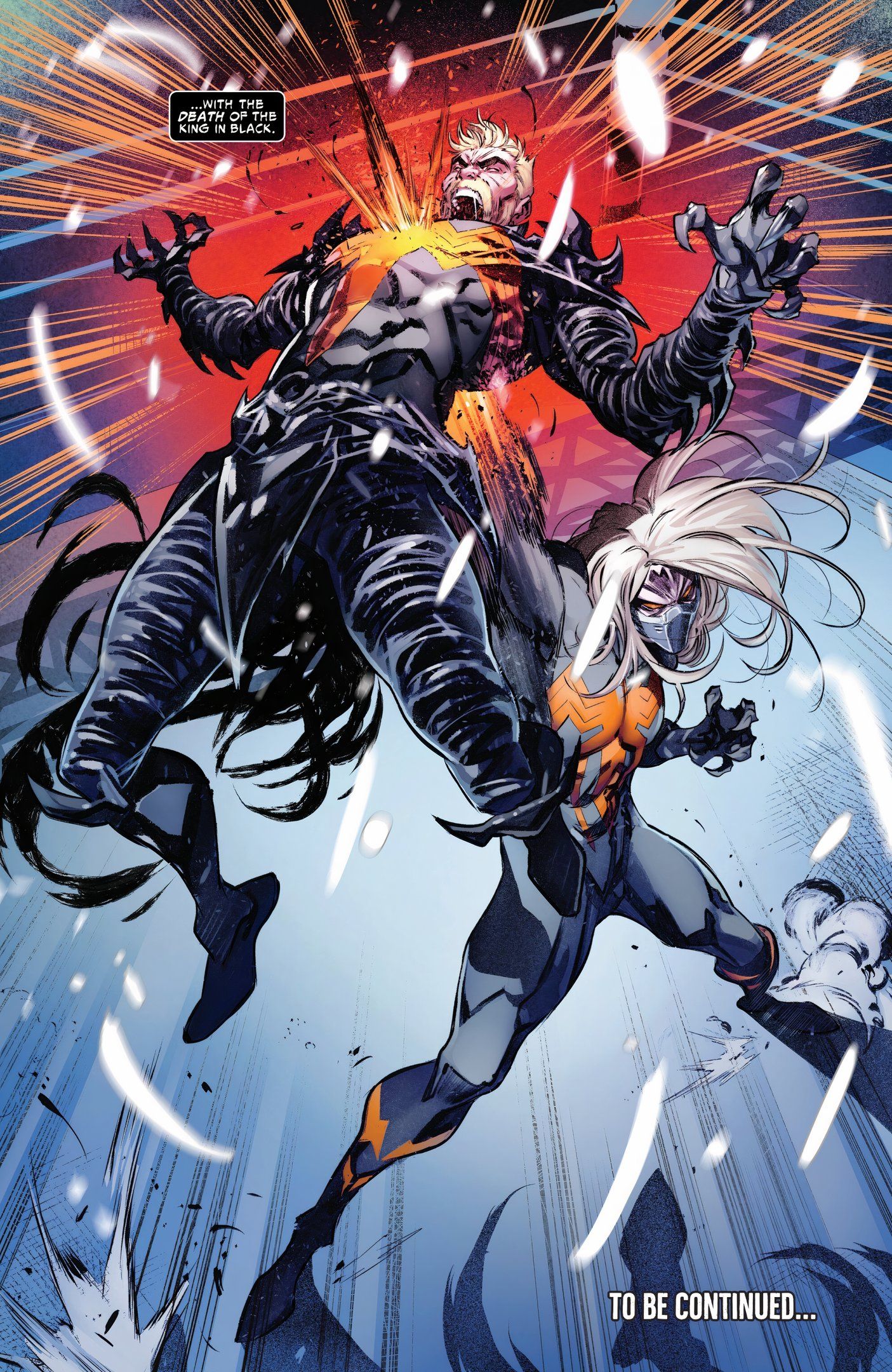 Venom War #4, Dylan Brock stabs his father Eddie from behind.