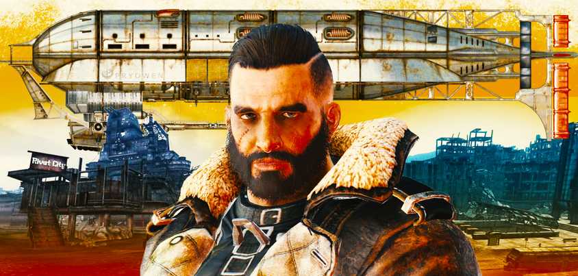 Elder Maxson with the Prydwen and Rivet City from Fallout.