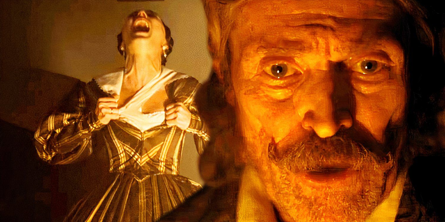 Ellen Hutter Lily Rose Depp tearing at her clothes in Nosferatu and Willem Dafoe on the side
