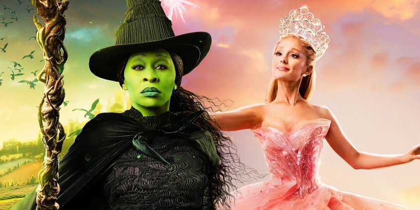 A composite image of Cynthia Erivo as Elphaba and Ariana Grande as Glinda in Wicked
