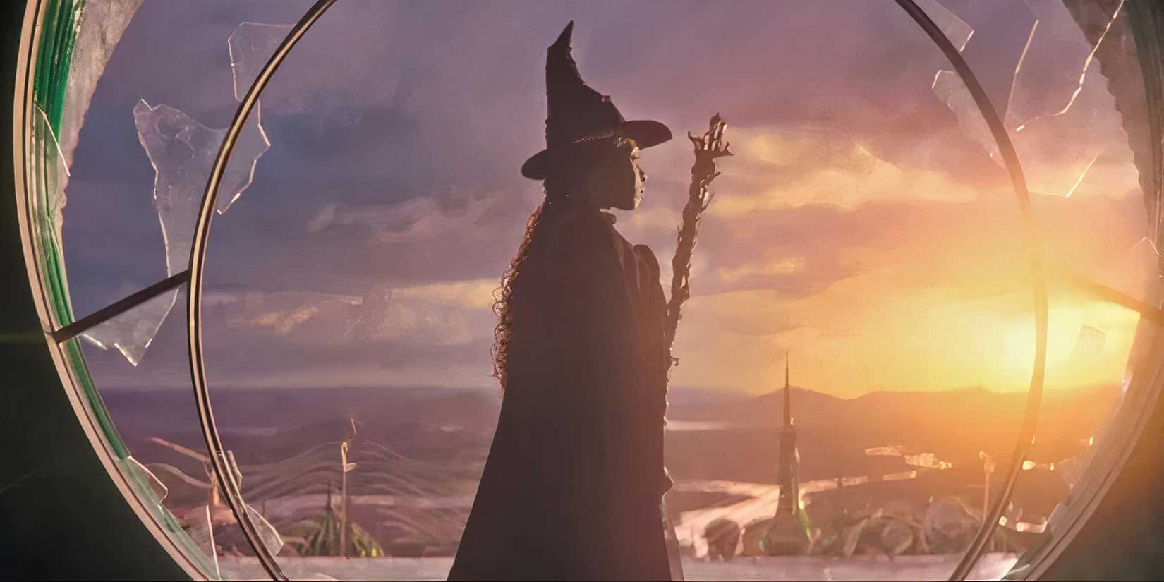 Elphaba during Defying Gravity in Wicked in front of a broken window.