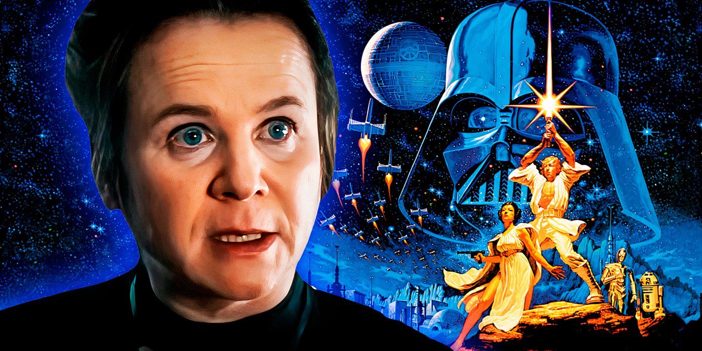 An edited image of Emily Watson in Dune: Prophecy with a Star Wars poster behind her.