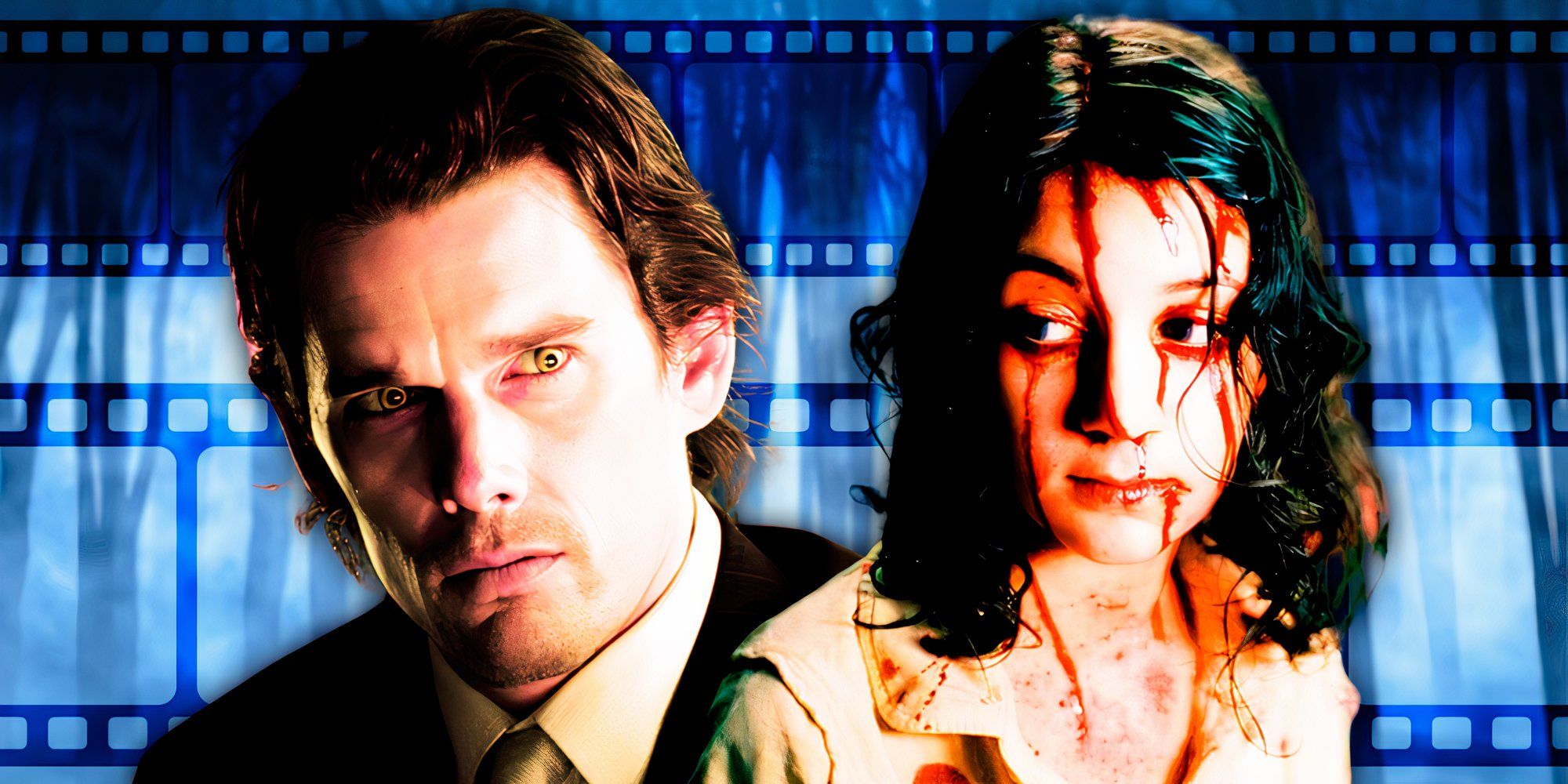 A custom image of Ethan Hawke's Daybreakers character is edited next to Lina Leandersson in Let the Right One In.