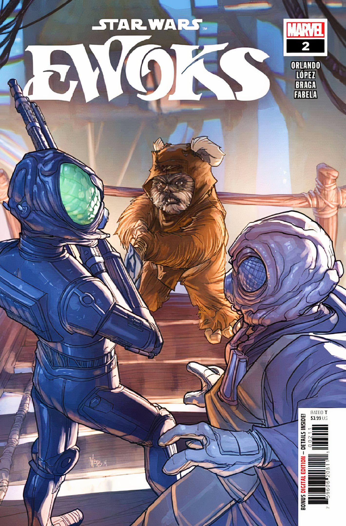 Main cover of Ewok #2, Wicket holds 4-LOM and Zuckuss at the tip of the spear