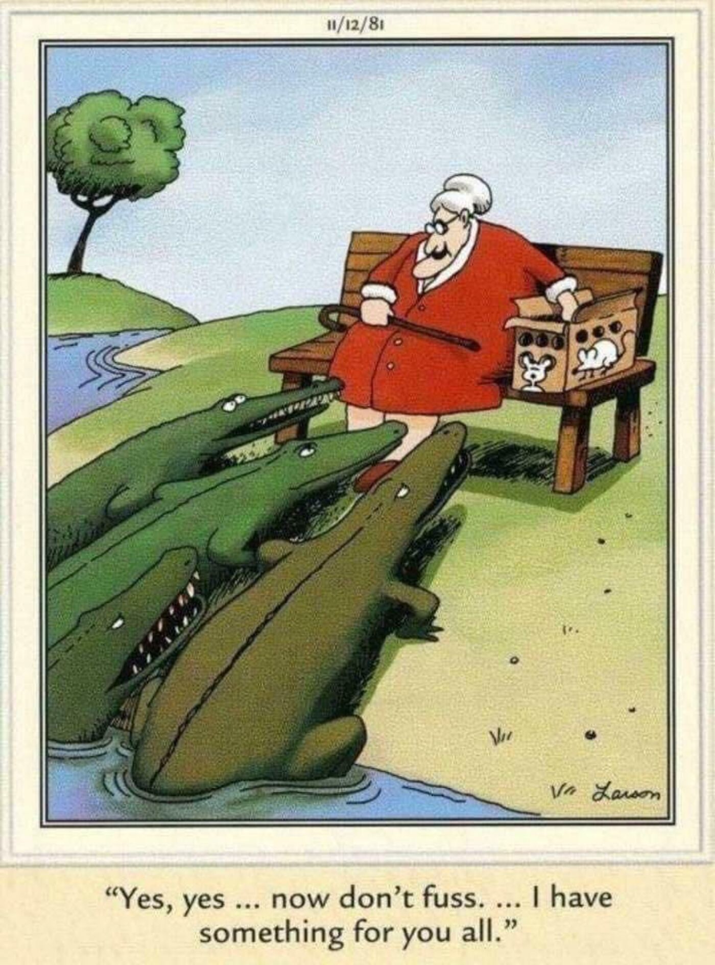 The Far Side, 12 de novembro de 1981, uma velha sentada em um banco alimenta crocodilos.