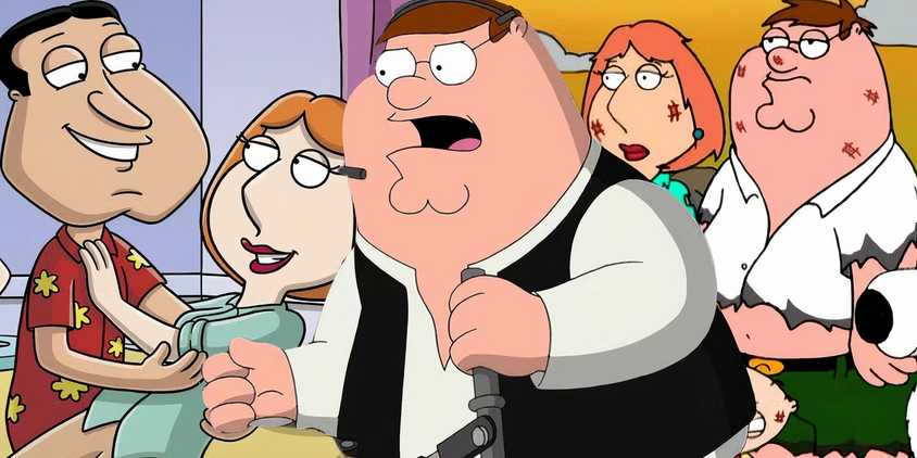 Collage of Quagmire dancing with Lois, Peter shocked dressed as Han Solo, and a battered Peter and Lois in Family Guy