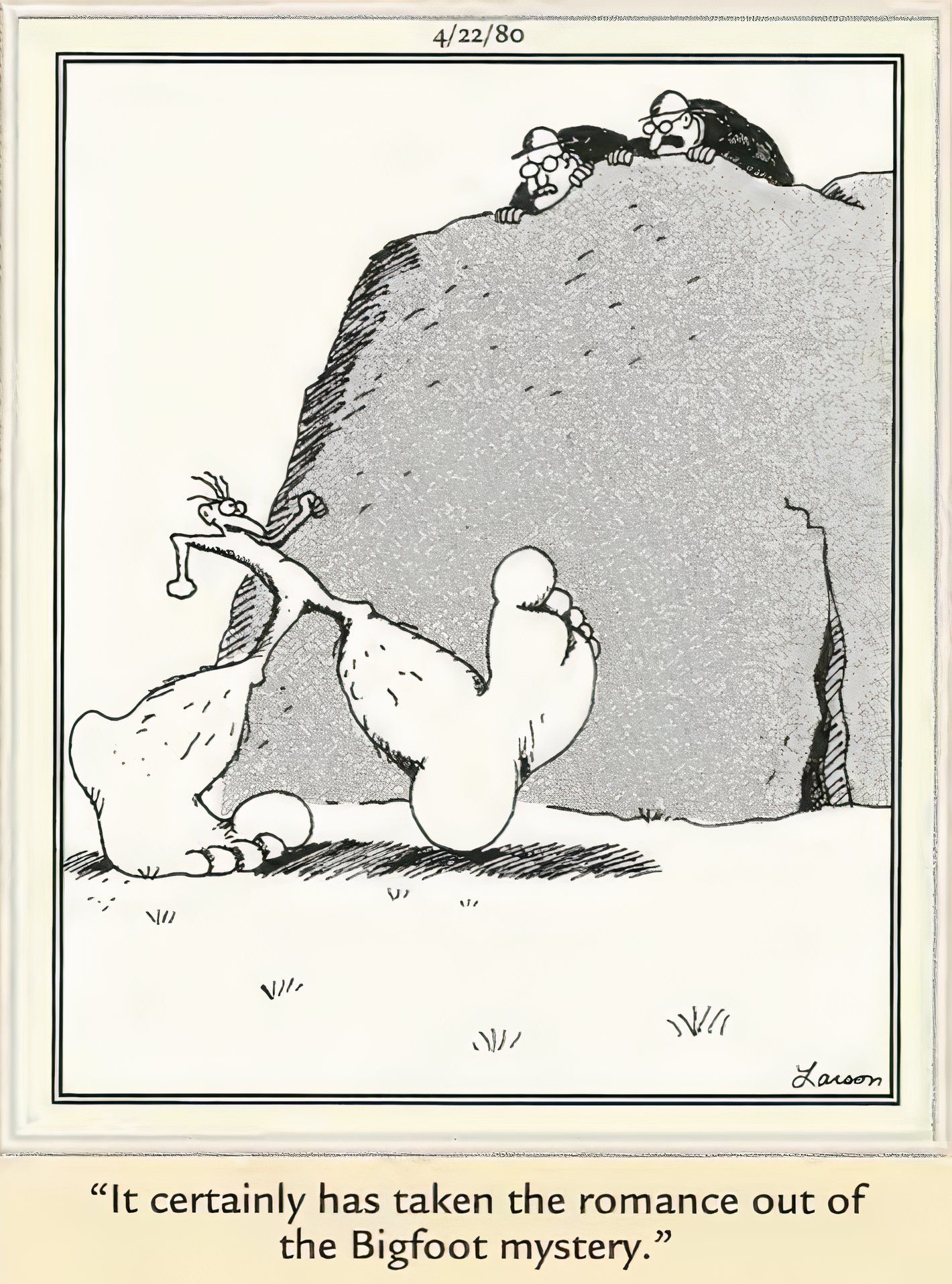 Far Side, April 22, 1980, Bigfoot has a little body and giant feet which takes romance out of the mystery