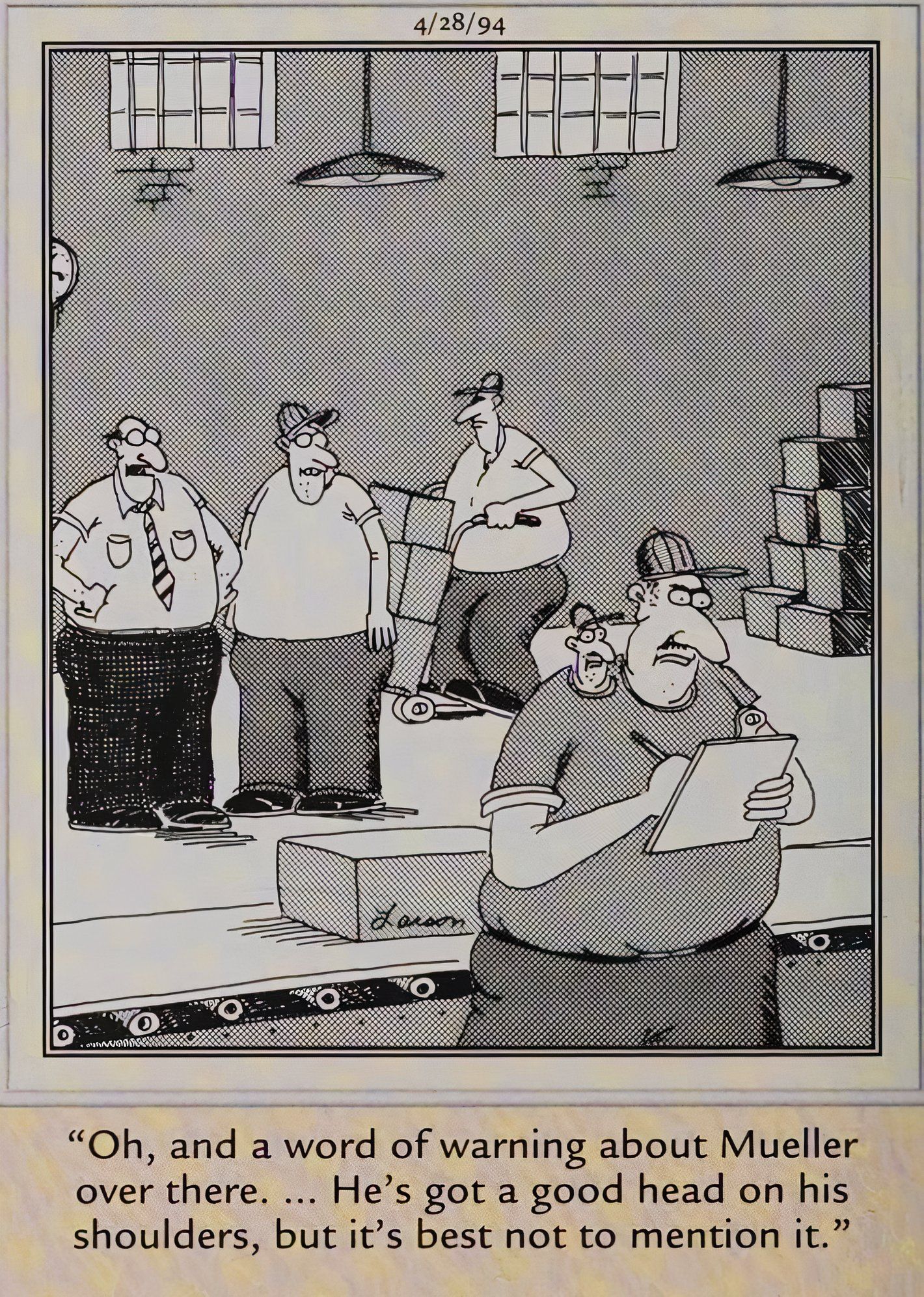 Far Side, April 28, 1994, a factory worker with a second head is looked at by his coworkers