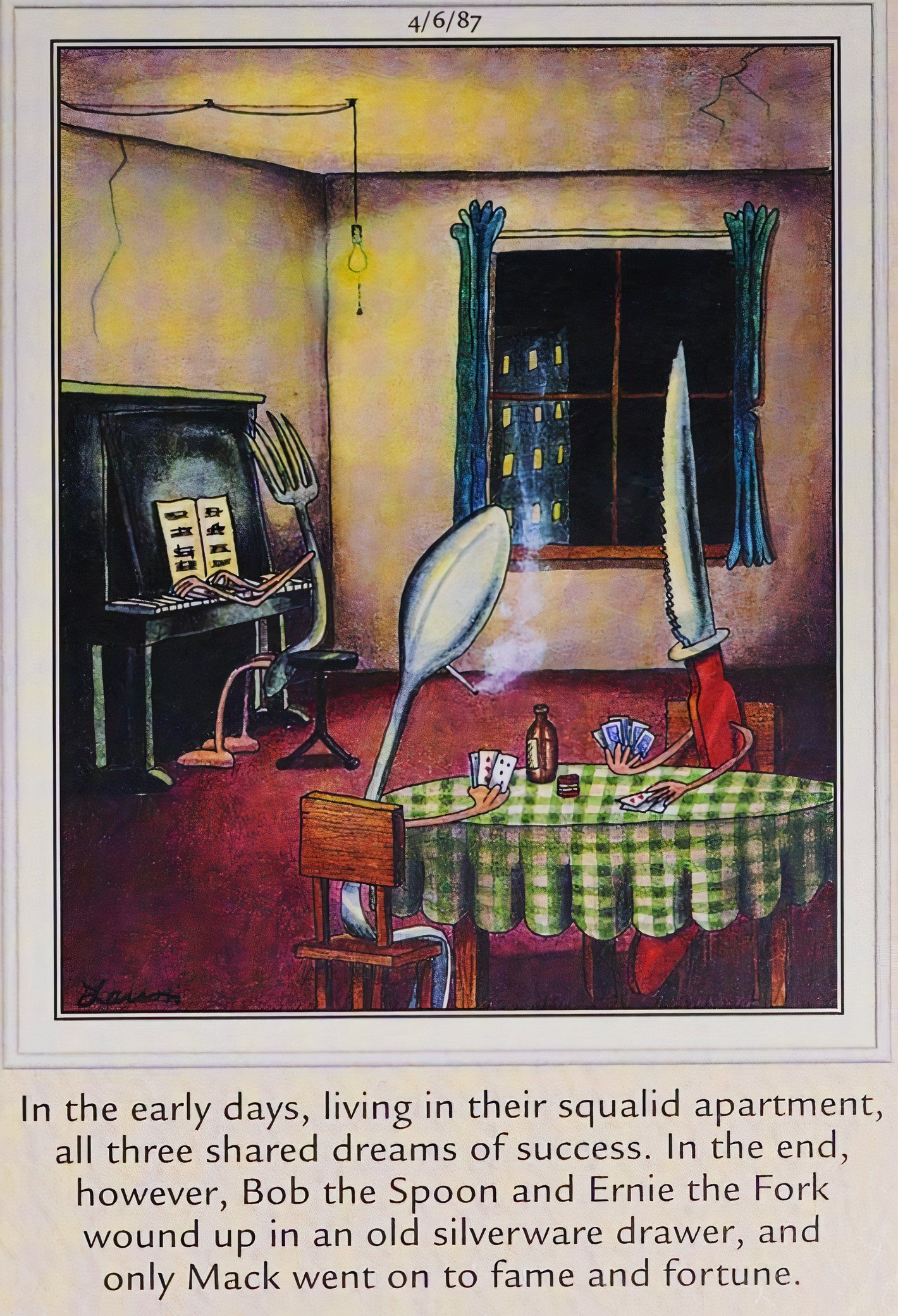 Far Side, April 6, 1987, anthropomorphized utensils living in a run down apartment