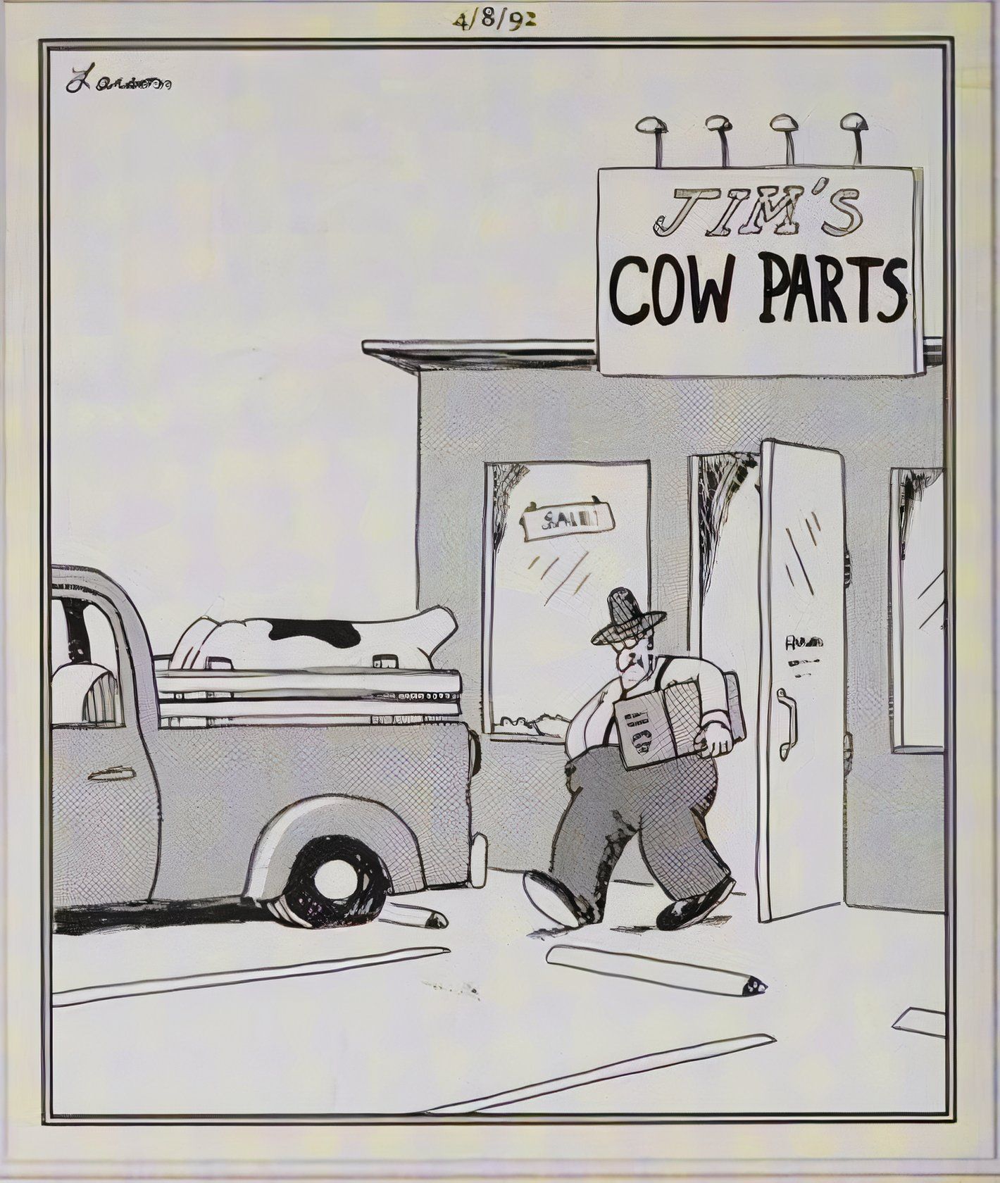 Far Side, 8 de abril de 1992, um fazendeiro sai de 'Jim's Cow Parts' carregando uma caixa