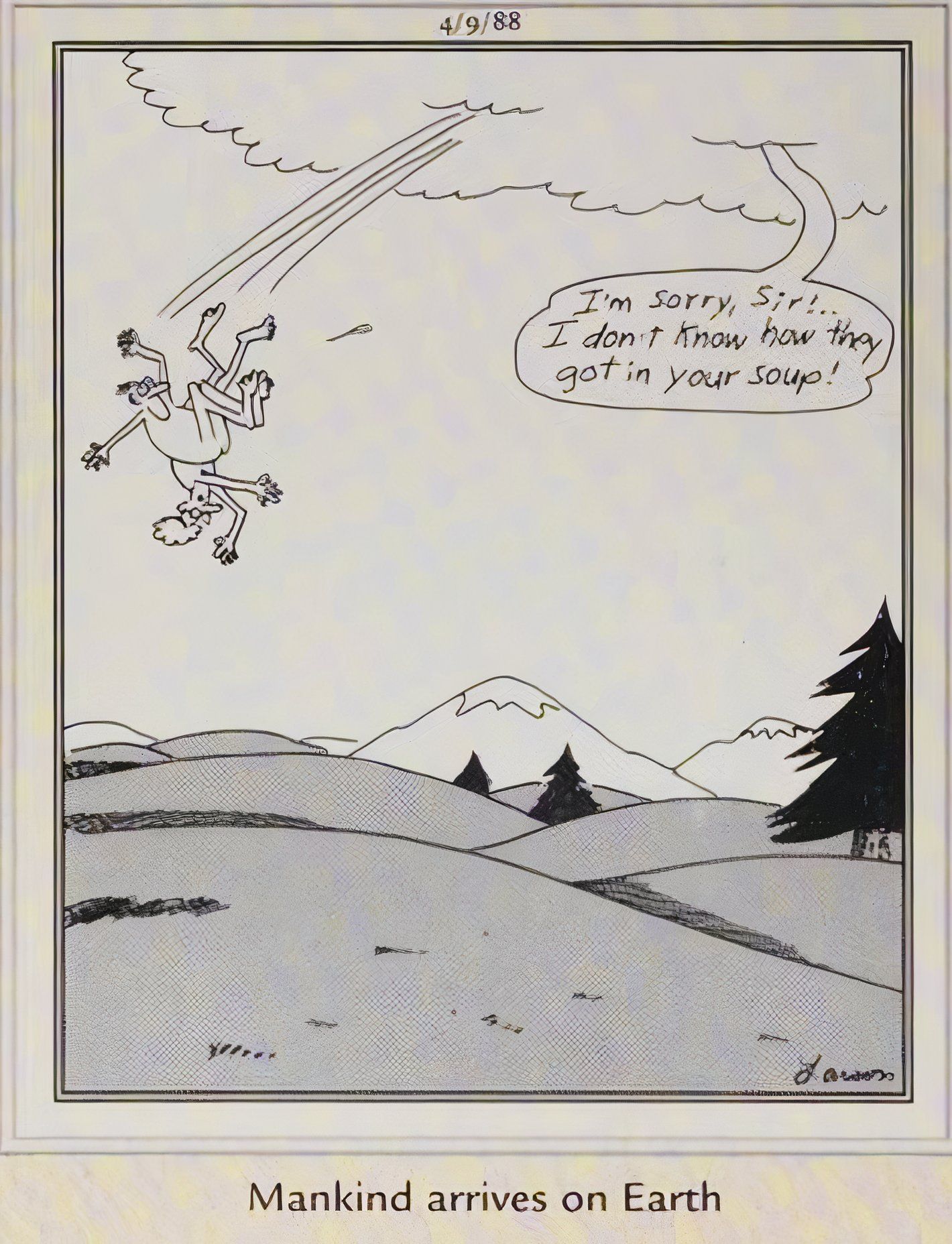 Far Side, 9 de abril de 1988, Deus cospe Adão e Eva na Terra