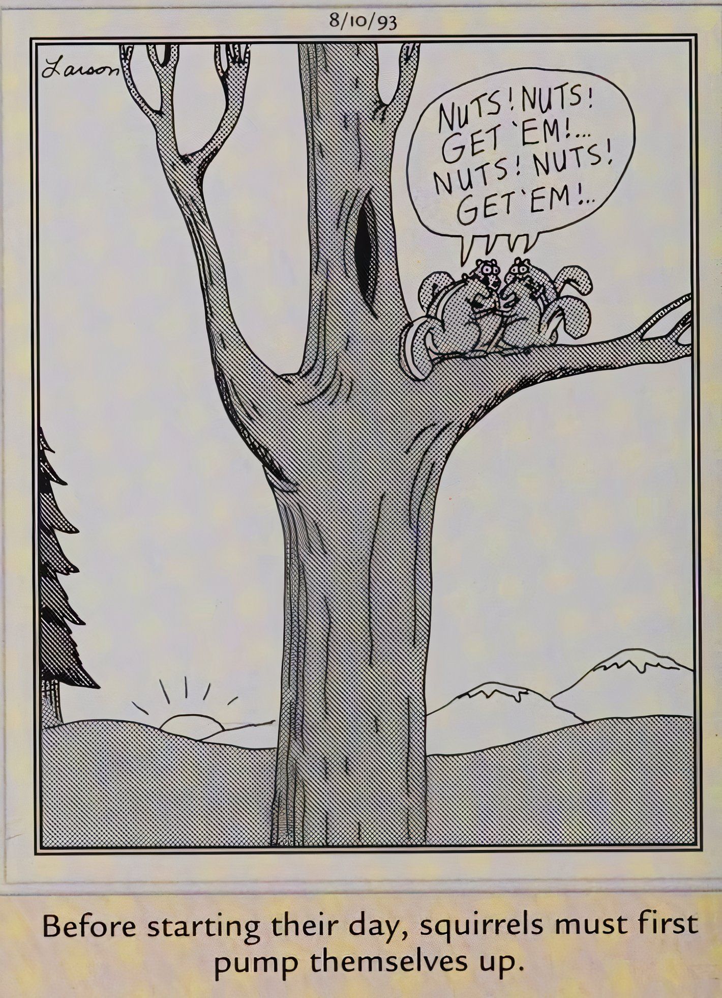 Far Side, August 10, 1993, squirrels getting themselves psyched up for the day