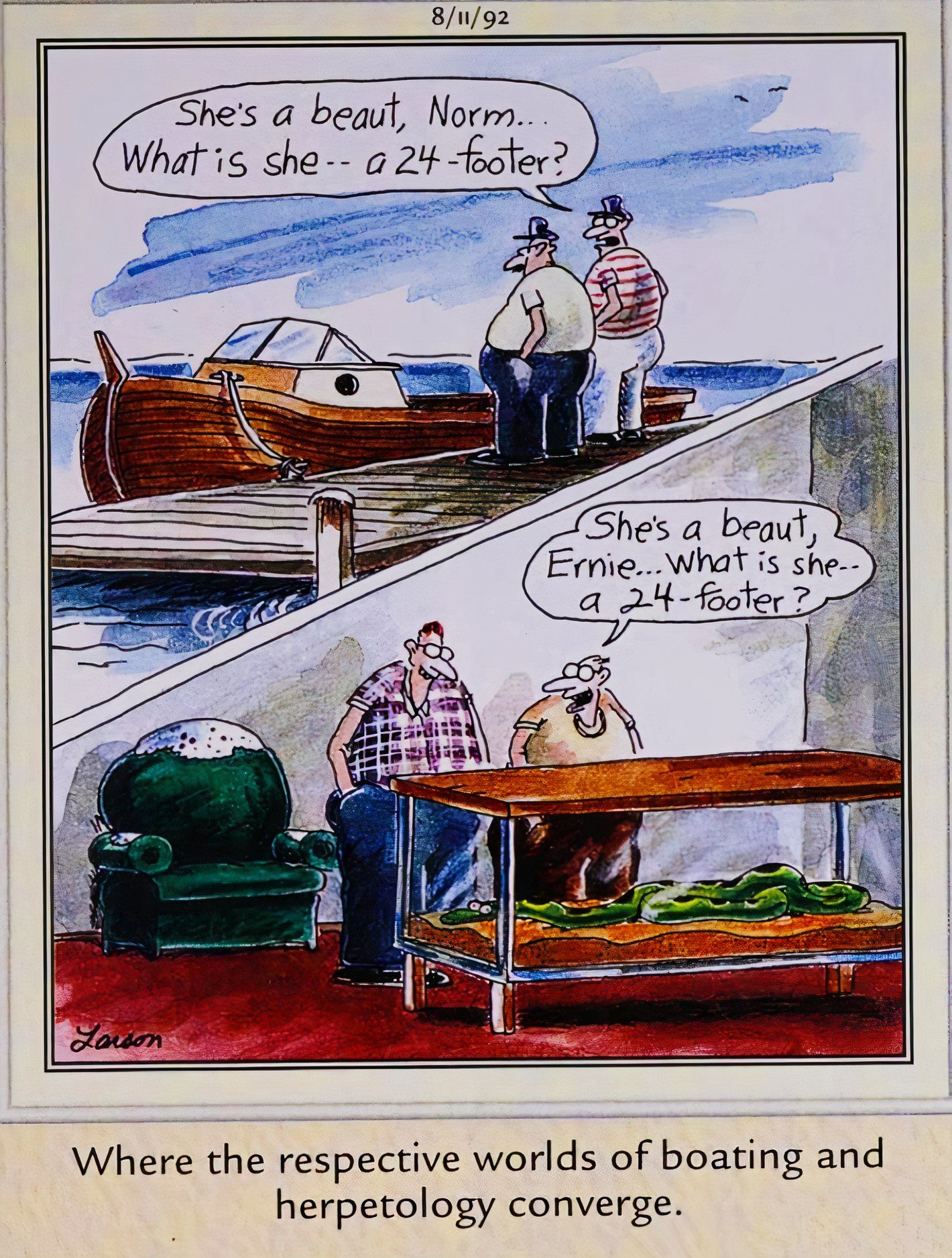 Far Side, 11 de agosto de 1992, imagem dividida em painel de homens admirando um barco de 24 pés e uma cobra de 24 pés