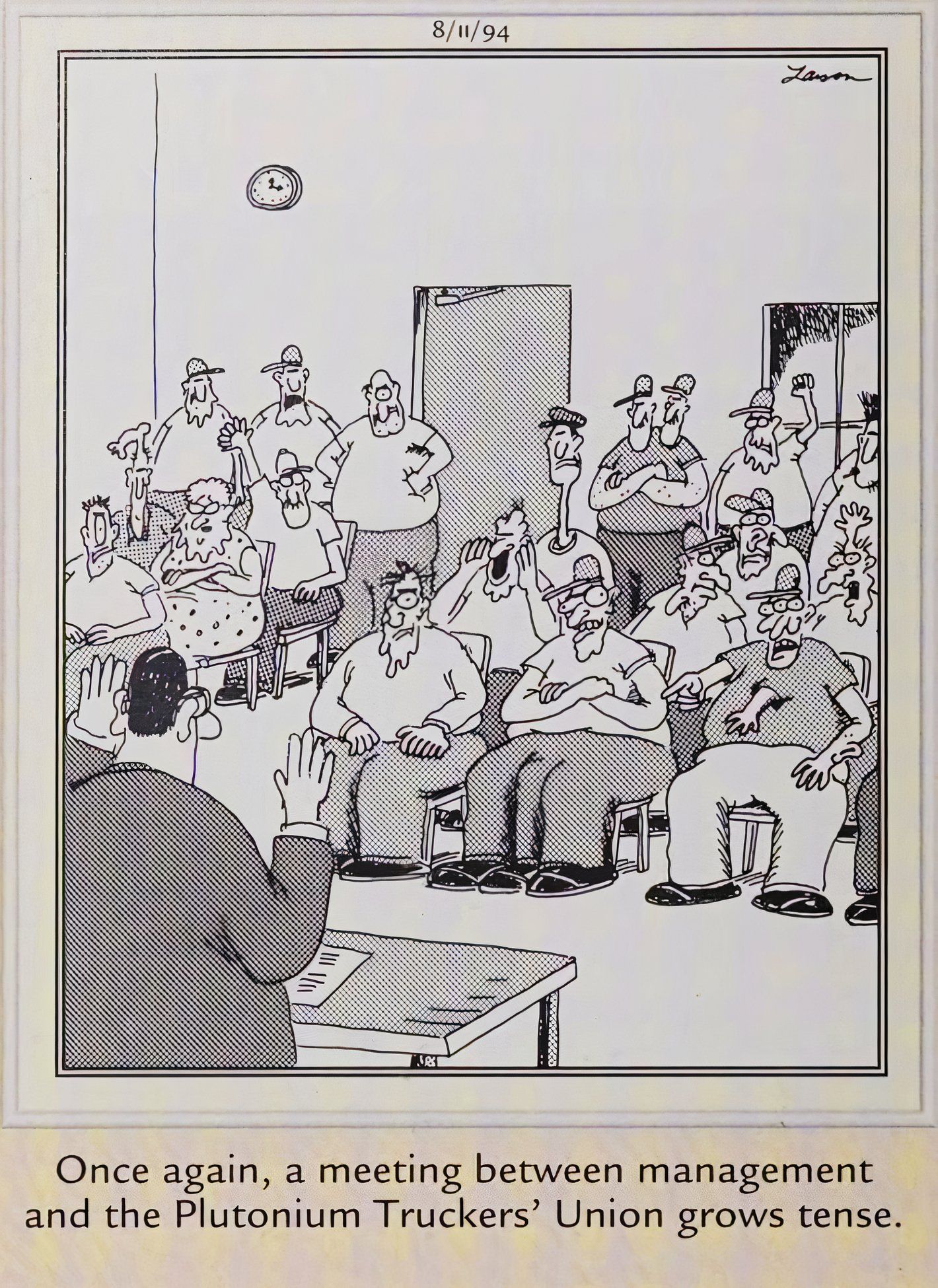 Far Side, August 11, 1994, union workers suffering from effects of radiation confront management