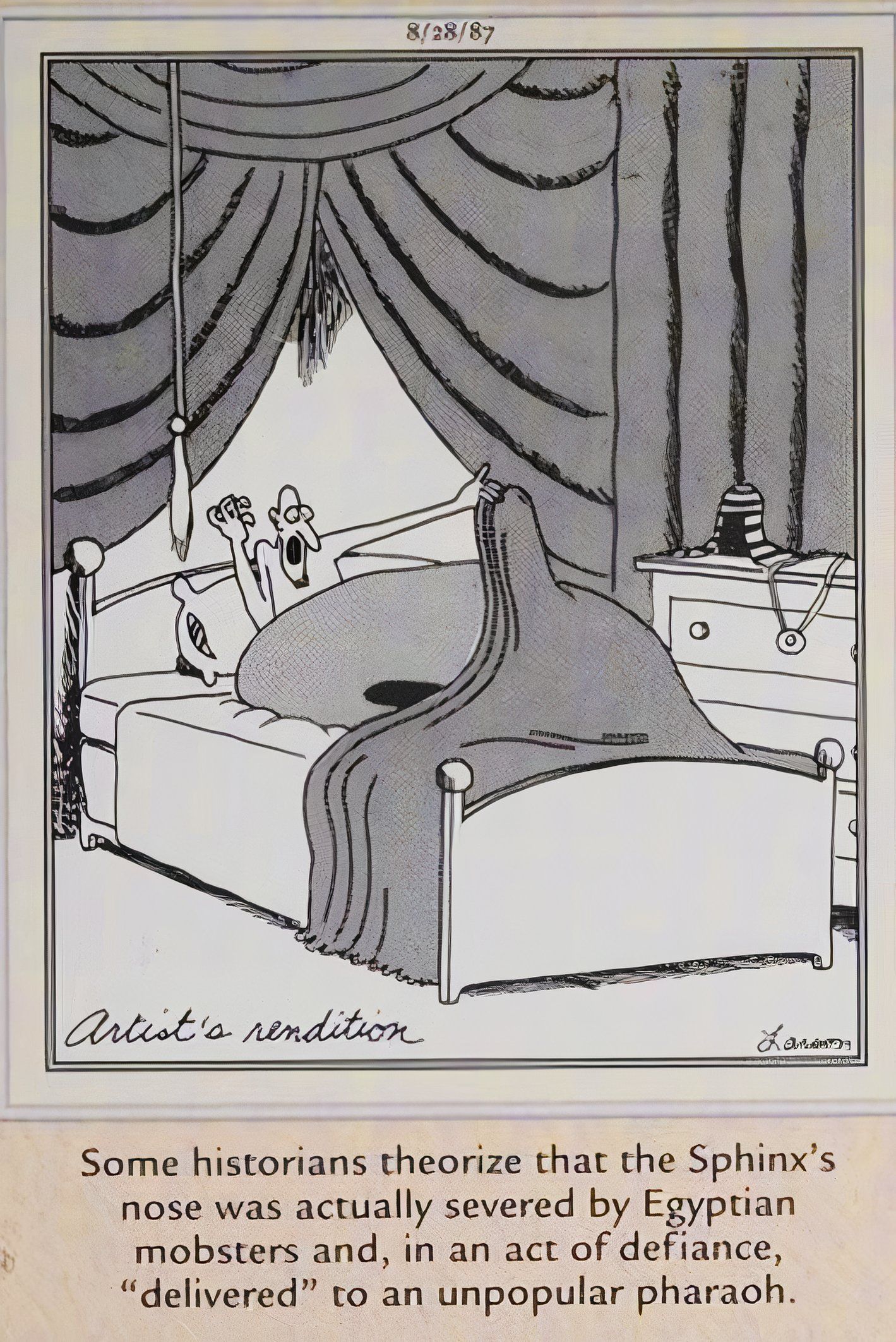 Far Side, August 28, 1987, a parody of the Godfather horse head scene with an Egyptian pharaoh