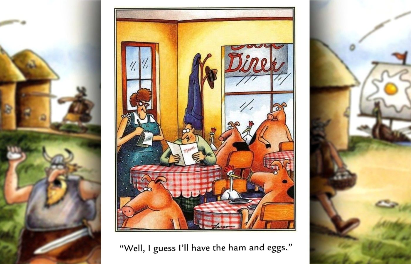 far side comic about pigs and chickens in a diner