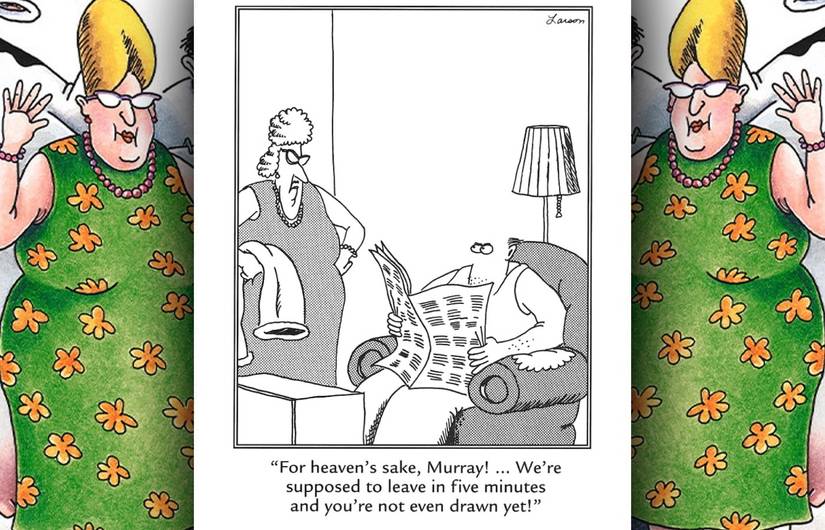 far side comic where 1 character isn't drawn yet