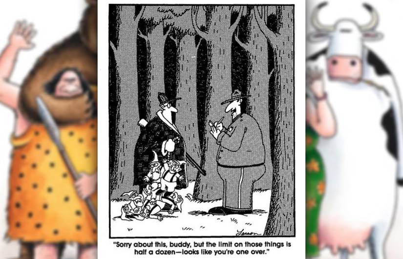 far side comic where a hunter has bagged a bunch of gnomes