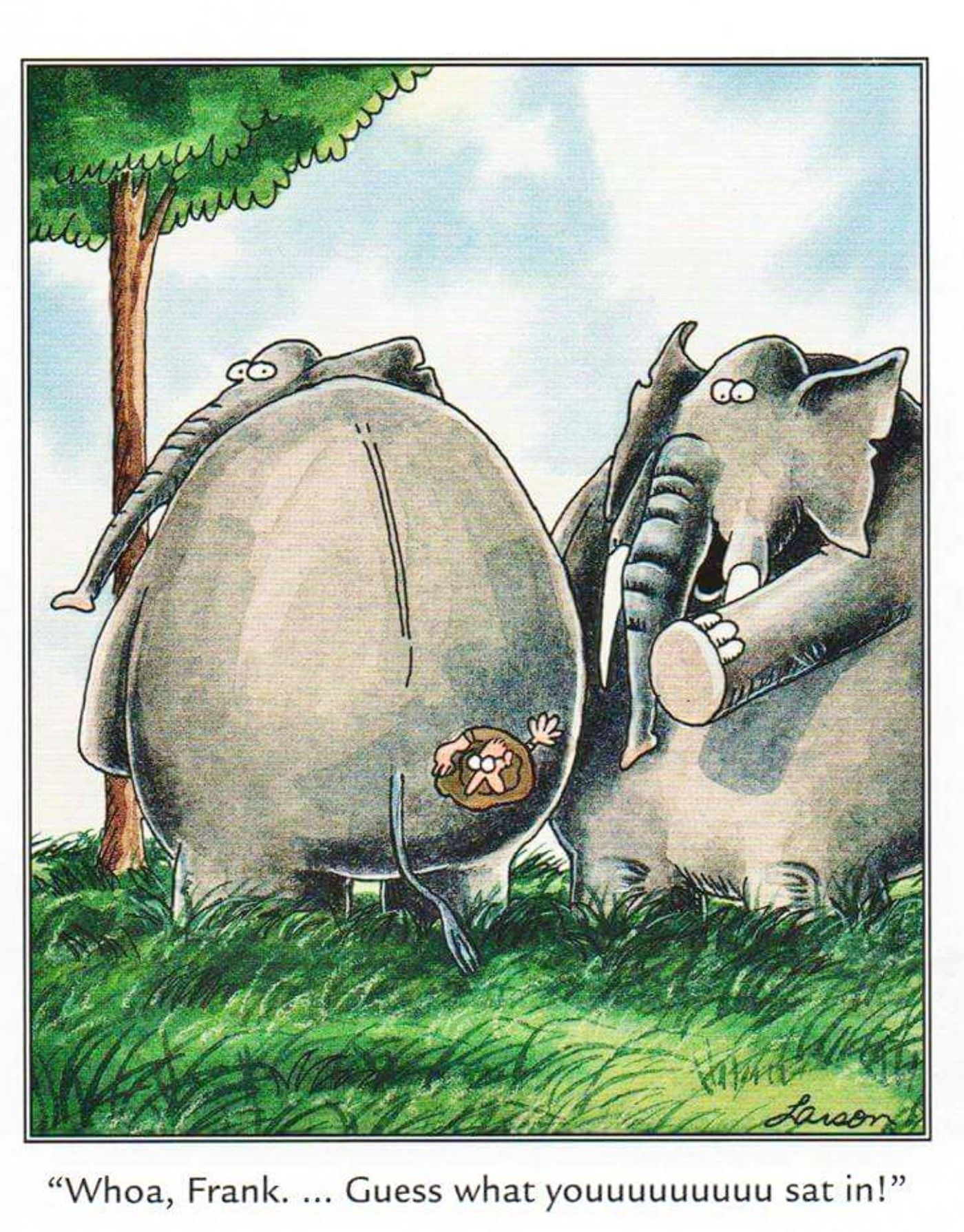 far side comic where elephant crushes man