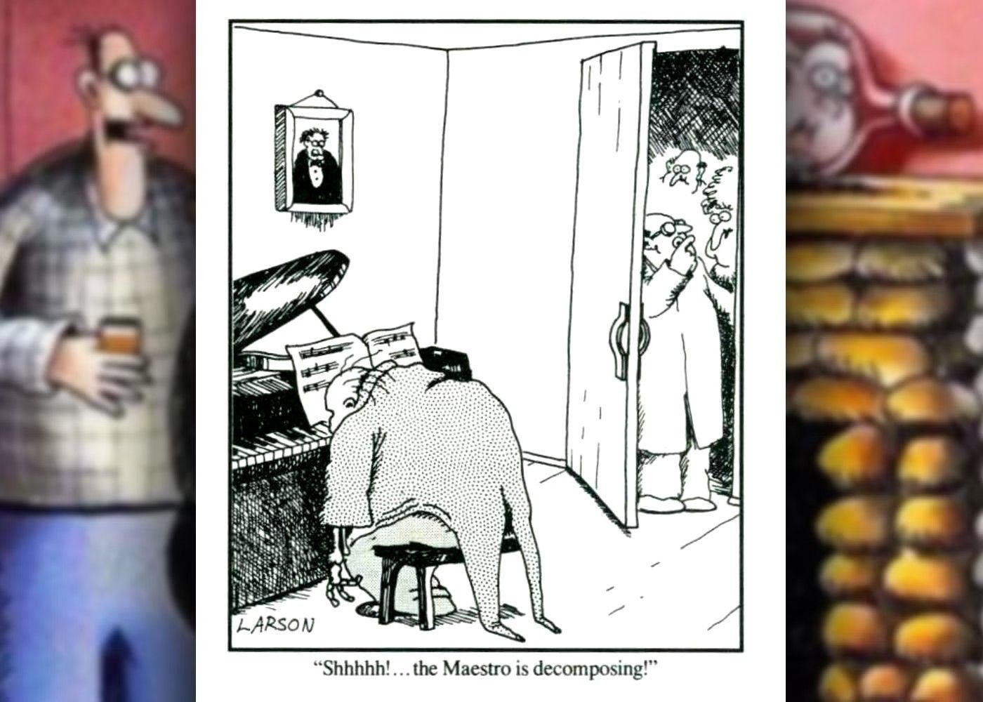 far side dad joke pun about musician decomposing