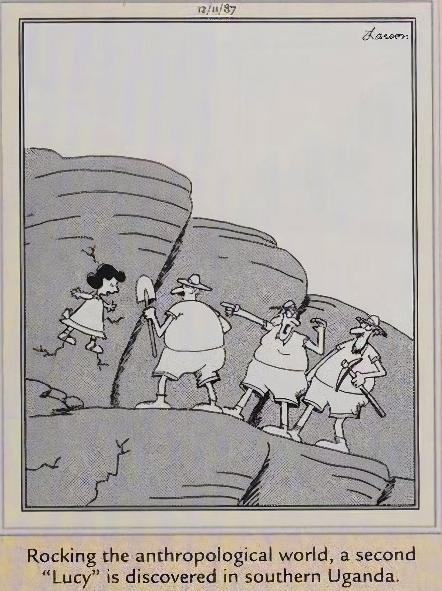 Far Side, December 11, 1987, 'a second Lucy is discovered in Uganda'