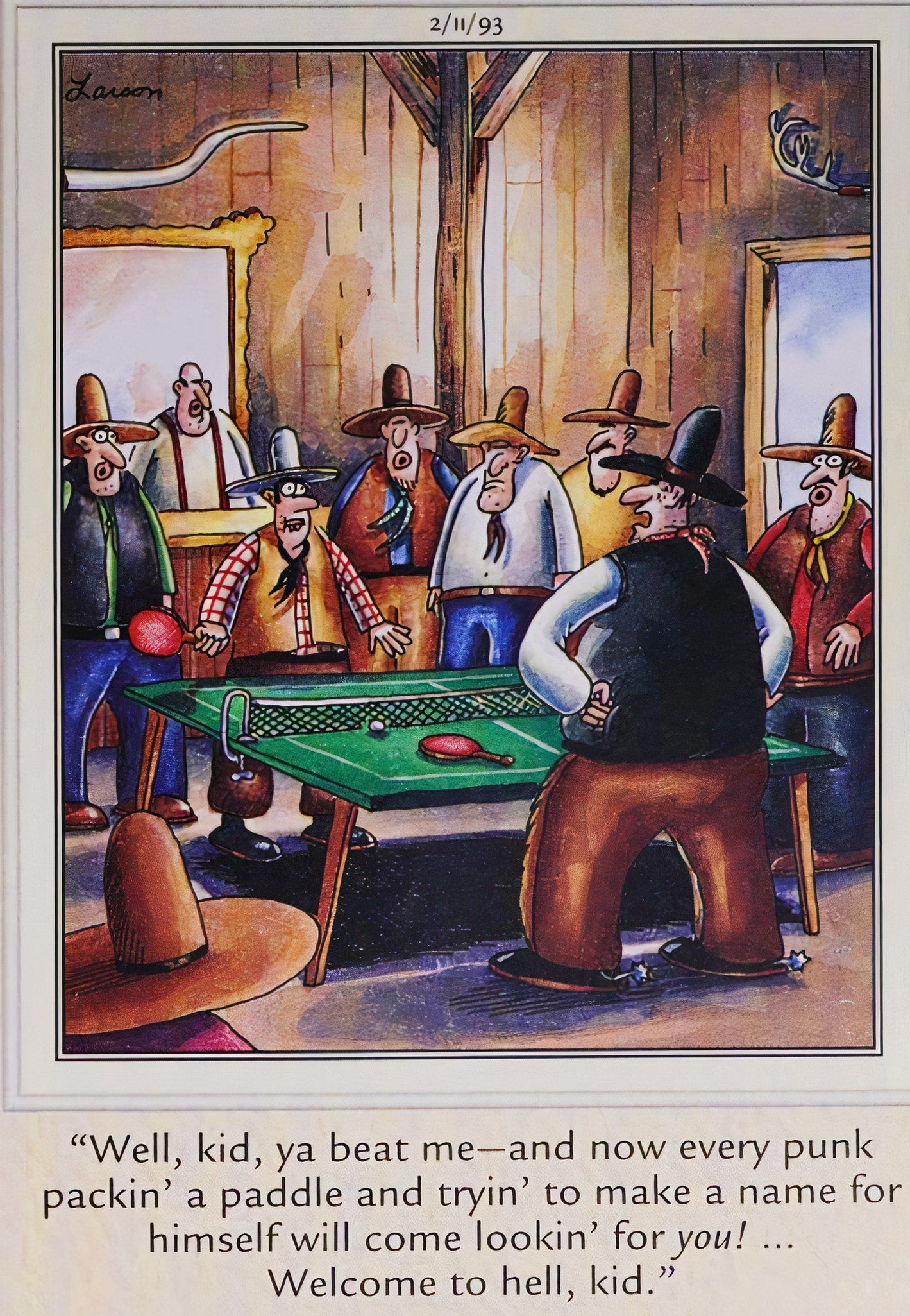 Far Side, 11 de fevereiro de 1993, um jovem cowboy vence seu rival mais velho no pingue-pongue