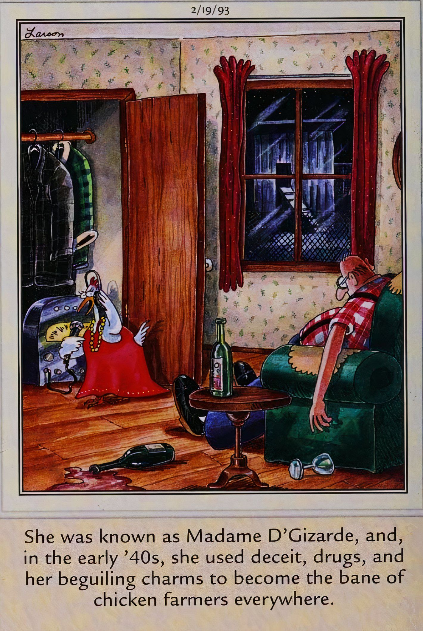 Far Side, 19 de fevereiro de 1993, uma galinha vira o jogo contra um fazendeiro