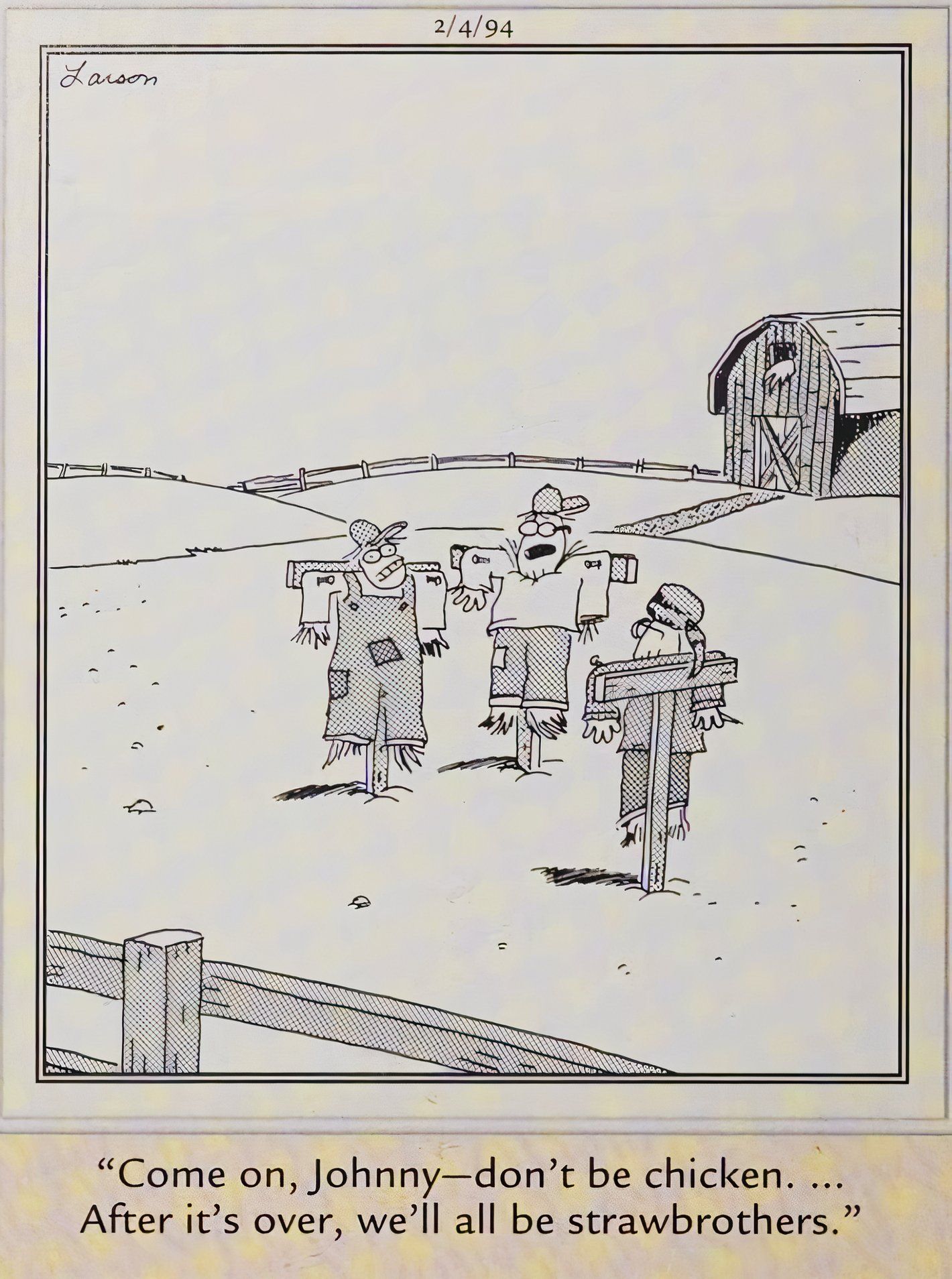 Far Side, February 4, 1994, 'strawbrothers' a group of scarecrows in a field