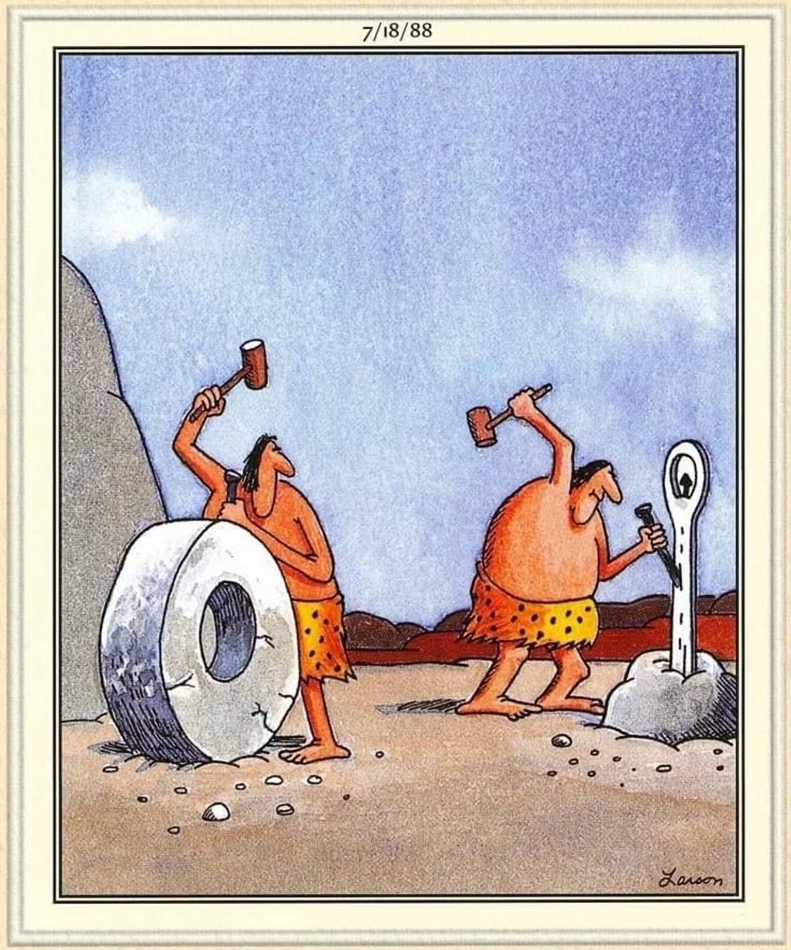 Far Side, July 18, 1988, a prehistoric man chisels a parking meter just as another completes the first wheel.